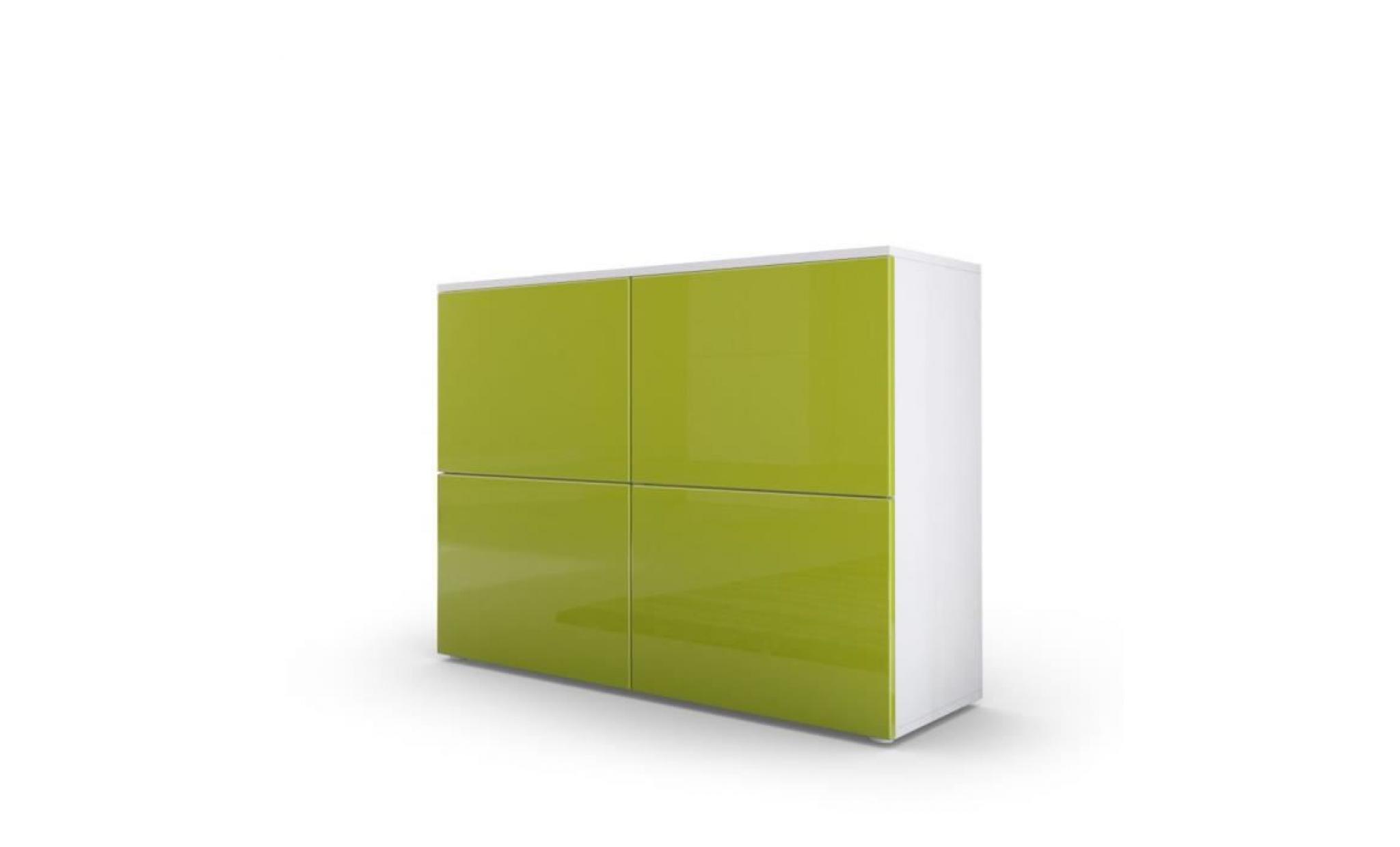 commode design avec le corps mat blanc et façade laquée blanche et verte claire
