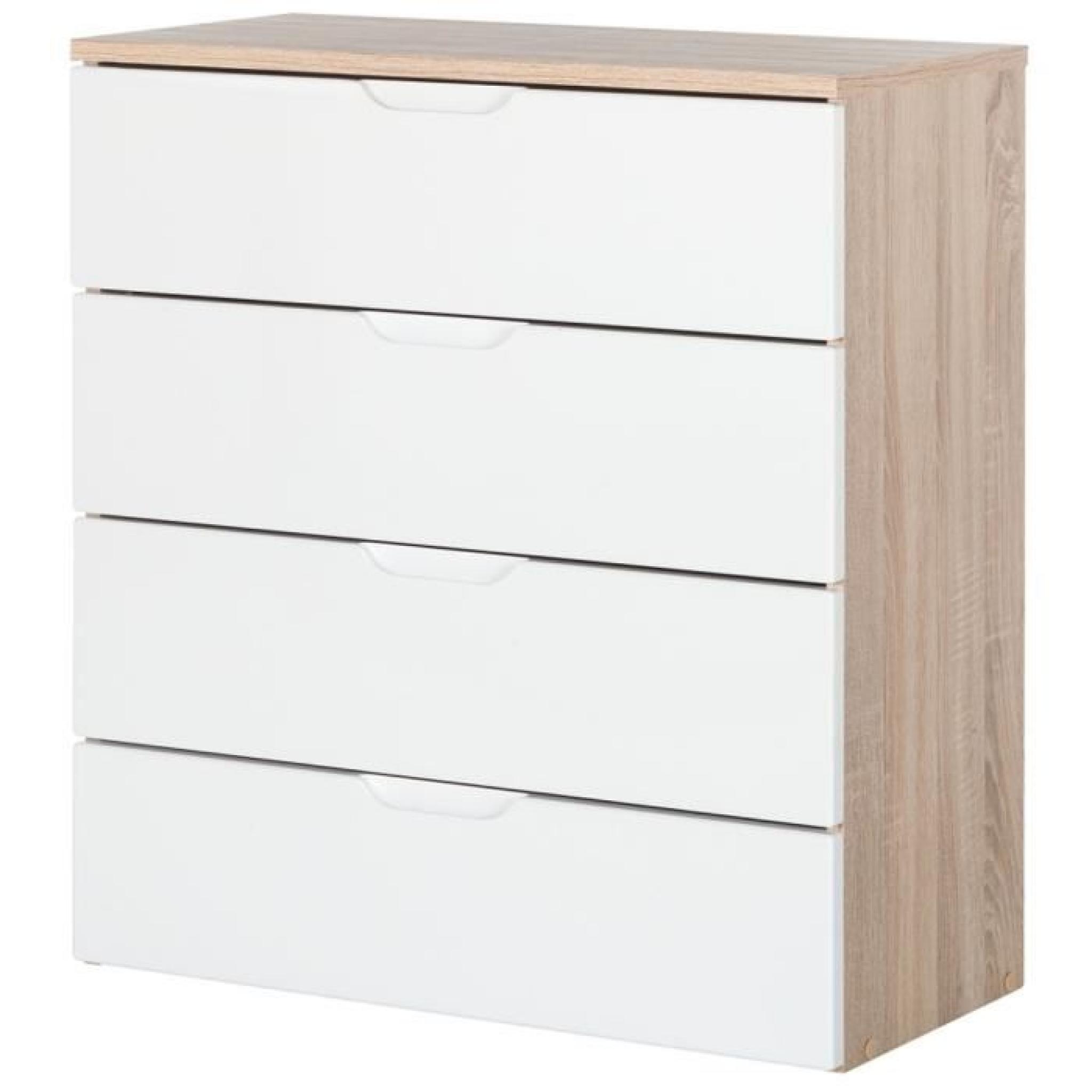 Commode en bois avec 4 tiroirs Chêne brossé et blanc brillant, 73 x 35,3 x 79,2 cm