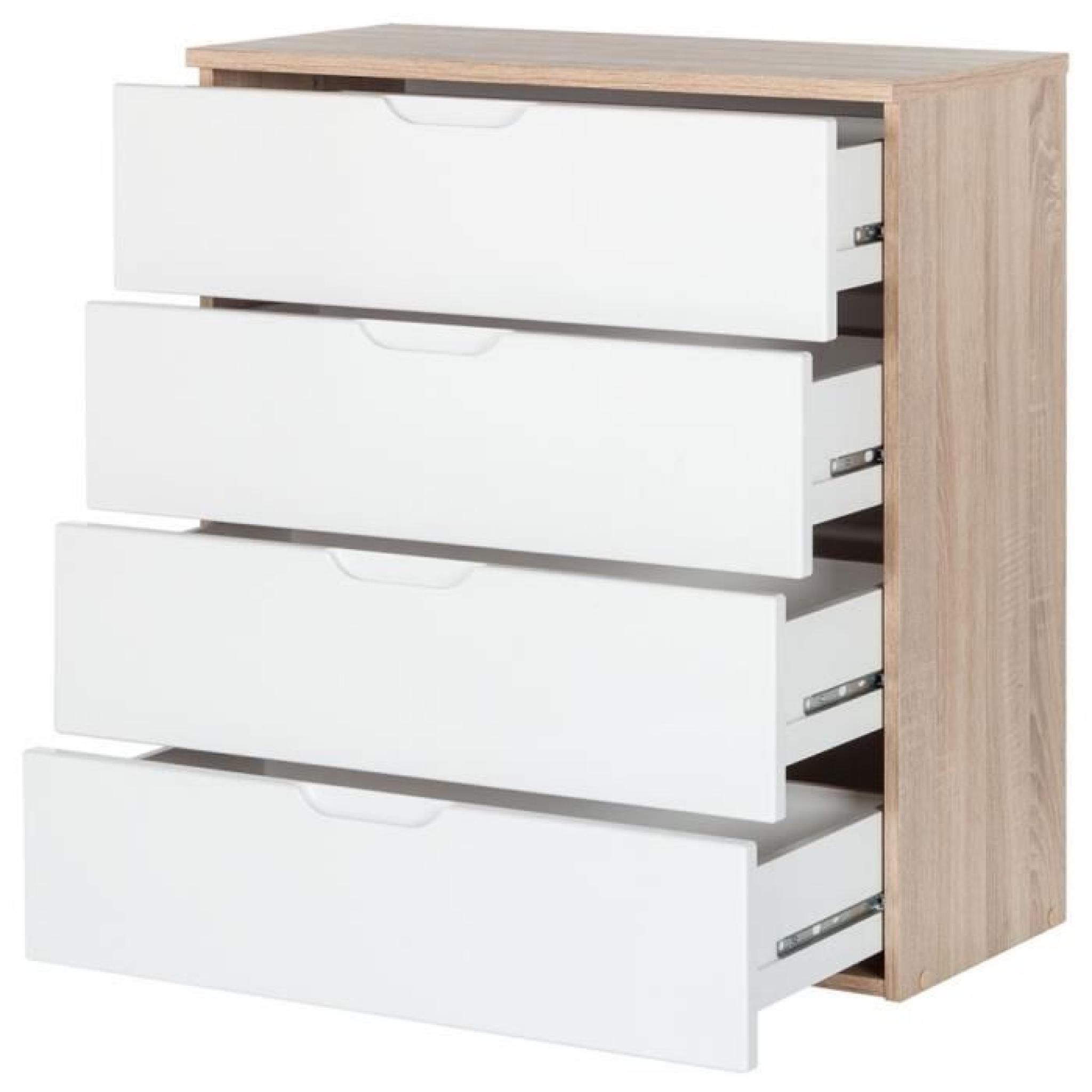 Commode en bois avec 4 tiroirs Chêne brossé et blanc brillant, 73 x 35,3 x 79,2 cm pas cher