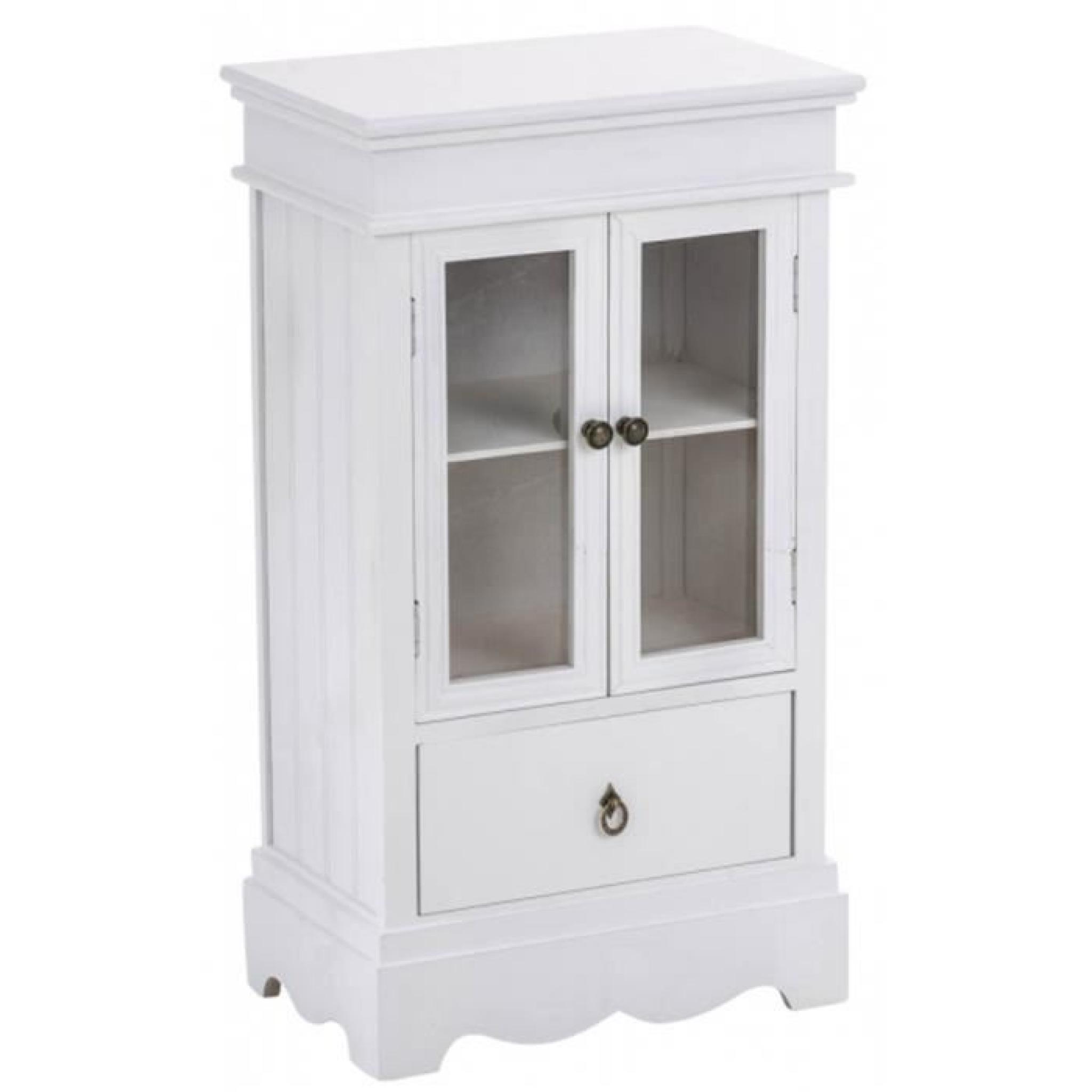 Commode en bois coloris blanc avec un tiroir et 2 portes en verre à 2 étagères - Dim : H 80 x L 45 x P 27 cm