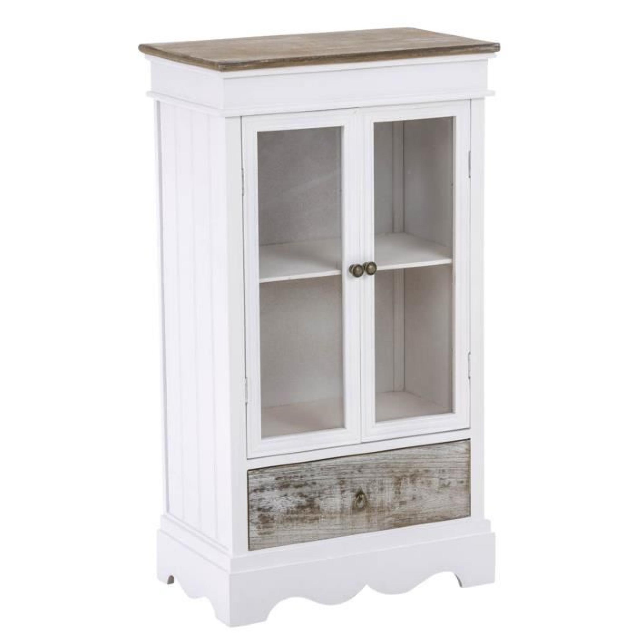 Commode en bois coloris blanc et brun  avec un tiroir et 2 portes en verre à 2 étagères - Dim : H 100 x L 54 x P 33 cm