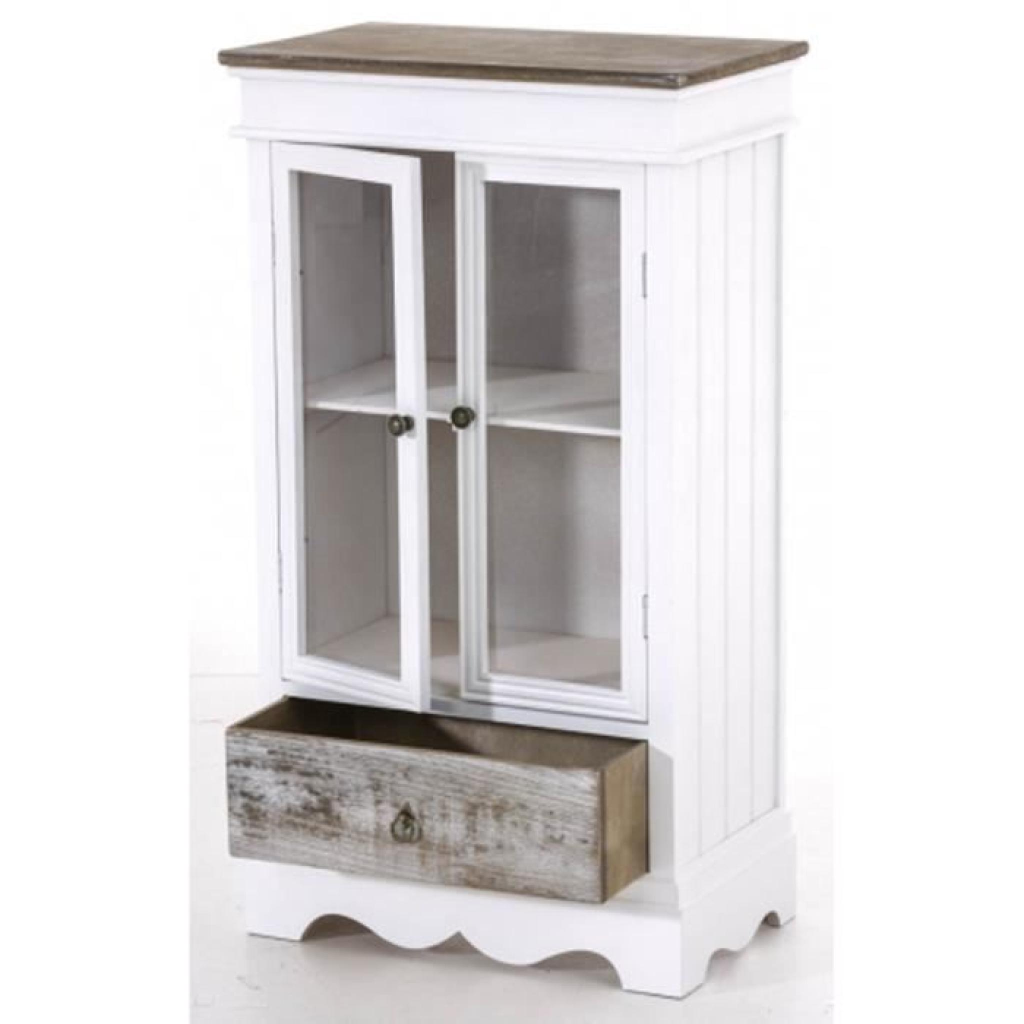Commode en bois coloris blanc et brun  avec un tiroir et 2 portes en verre à 2 étagères - Dim : H 80 x L 45 x P 27 cm pas cher