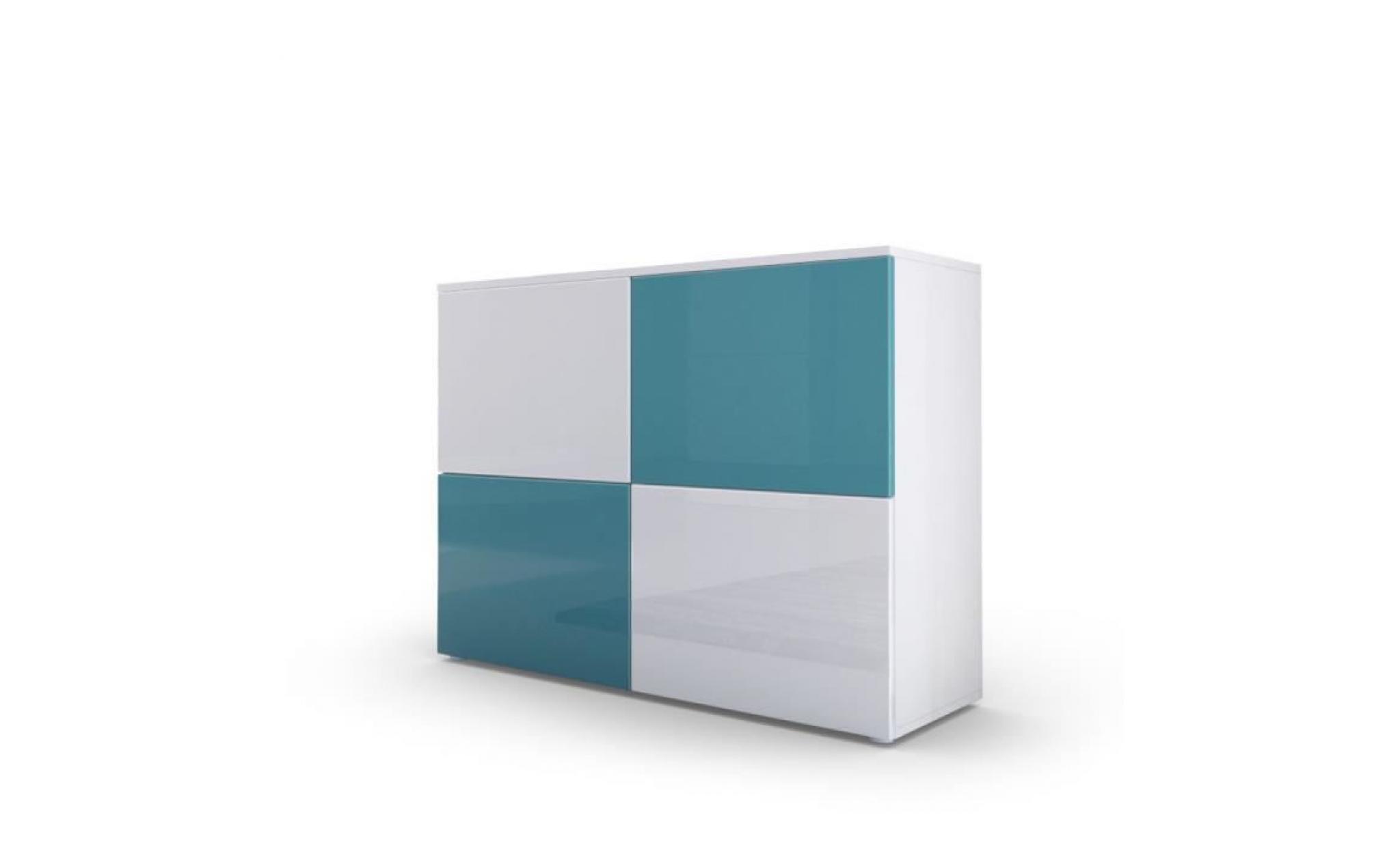 commode moderne  façades bicolores turquoises et blanches  laquées et corps mat blanc