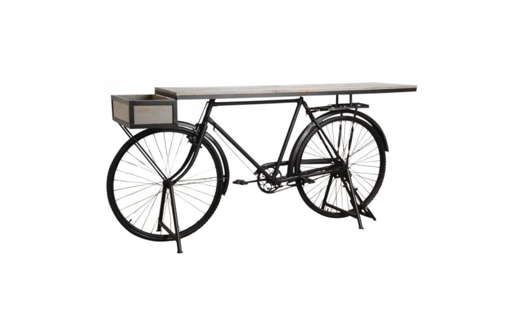 console vélo avec plateau en bois   dim : 184 x 48 x 92 cm