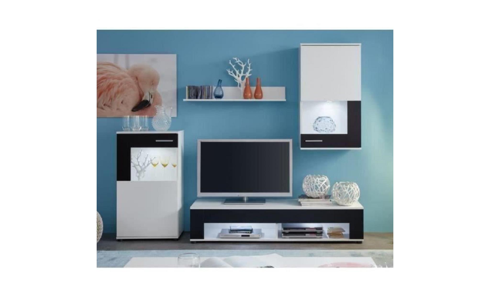 corner meuble tv mural avec éclairage led contemporain mélaminé blanc mat et noir   l 229 cm