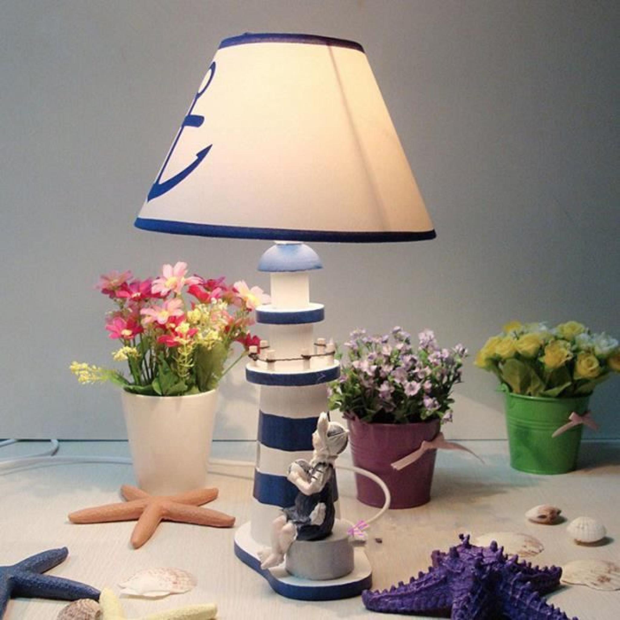 Créatif Lampe à Poser en Bois Phare Forme Pour Enfants Etudiants Lampe de Chevet Lecture Bleu pas cher