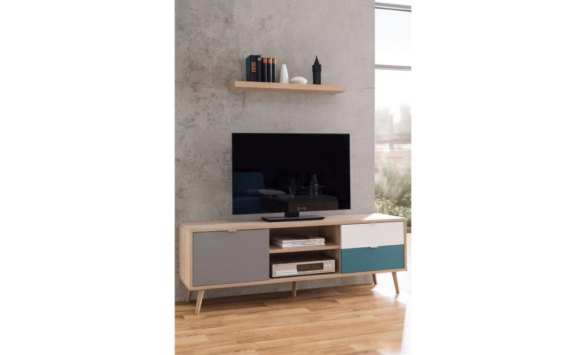 cuba meuble tv scandinave décor chêne, gris, blanc et bleu pétrol   l 150 cm pas cher