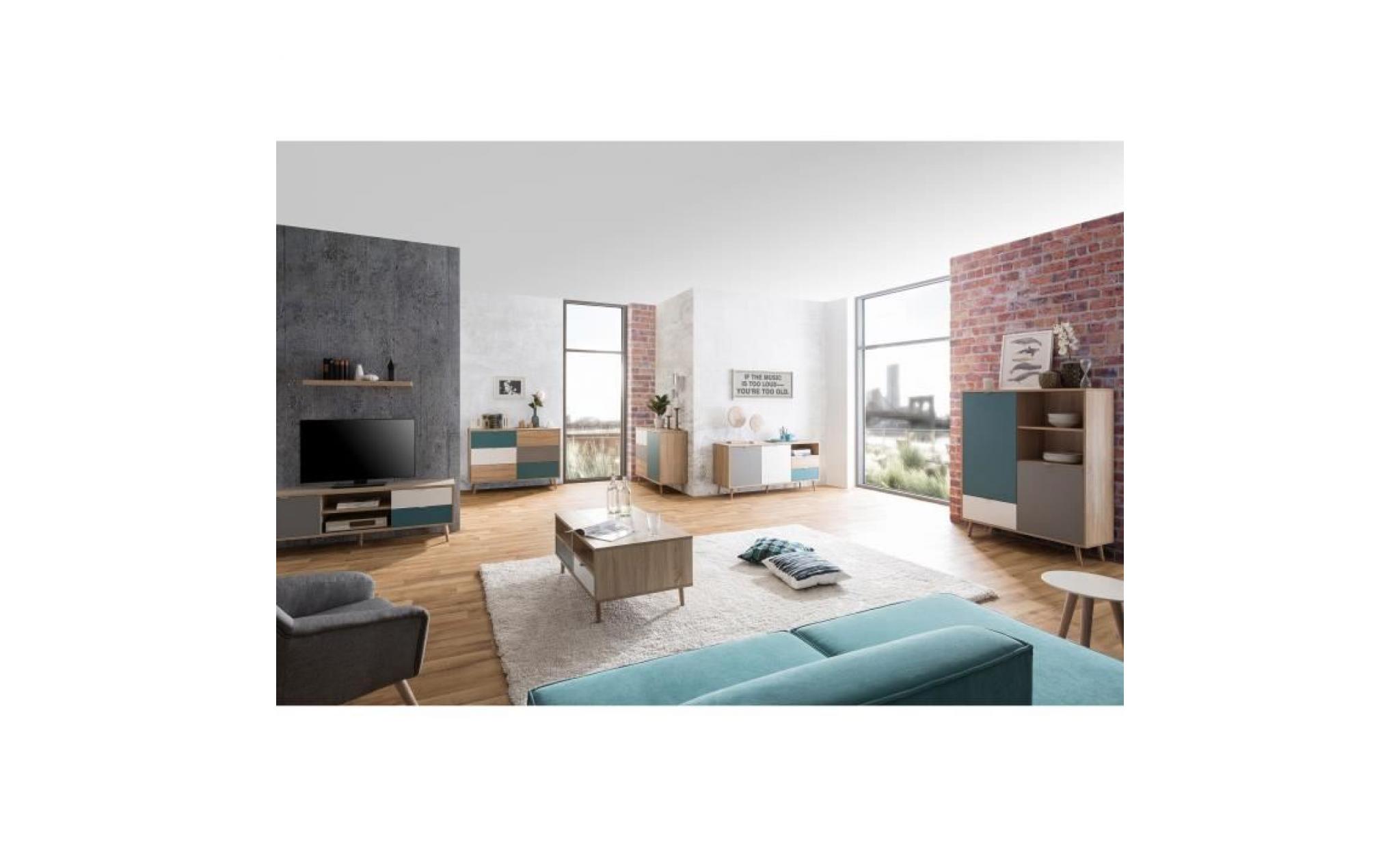 cuba meuble tv scandinave décor chêne, gris, blanc et bleu pétrol   l 150 cm pas cher