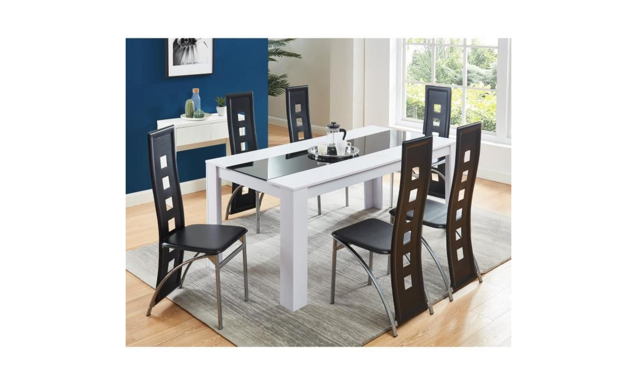 damia ensemble table à manger 6 à 8 personnes + 6 chaises contemporain blanc et verre trempé noir   l 180 x l 90 cm pas cher
