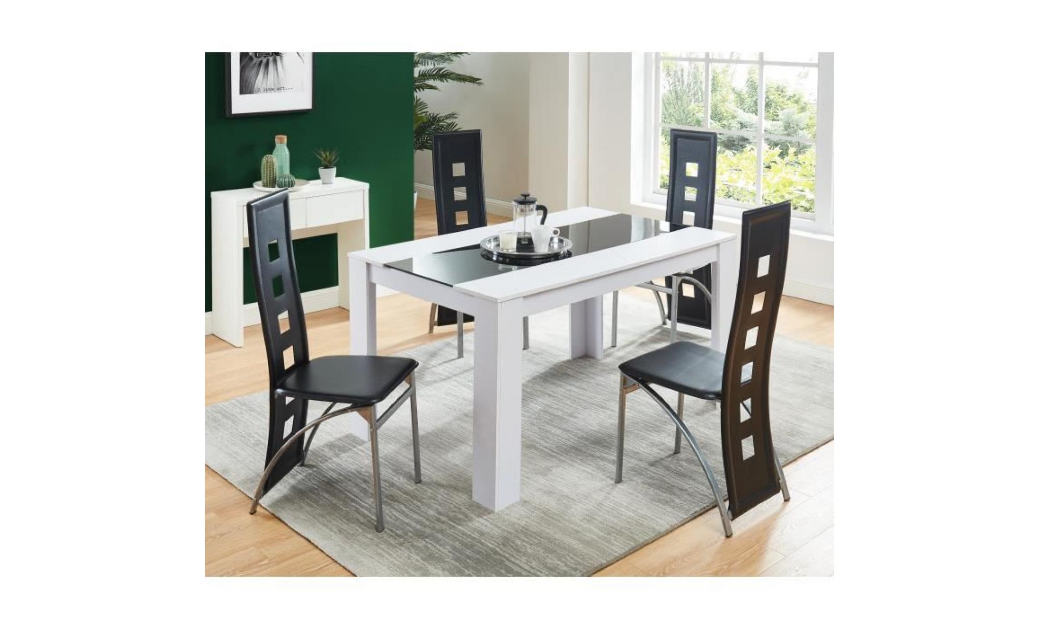 damia table à manger 4 à 6 personnes style contemporain en panneaux de fibres blanc et verre + 4 chaises en simili   l 140 x l 90 cm
