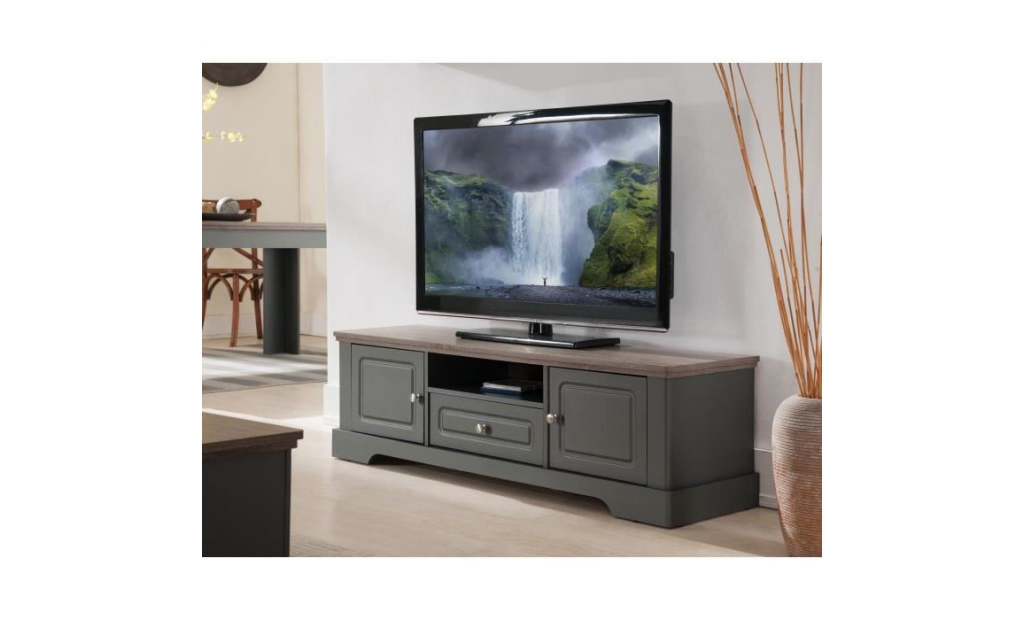 dessy meuble tv classique gris mat et plateau décor bois   l 139 cm pas cher