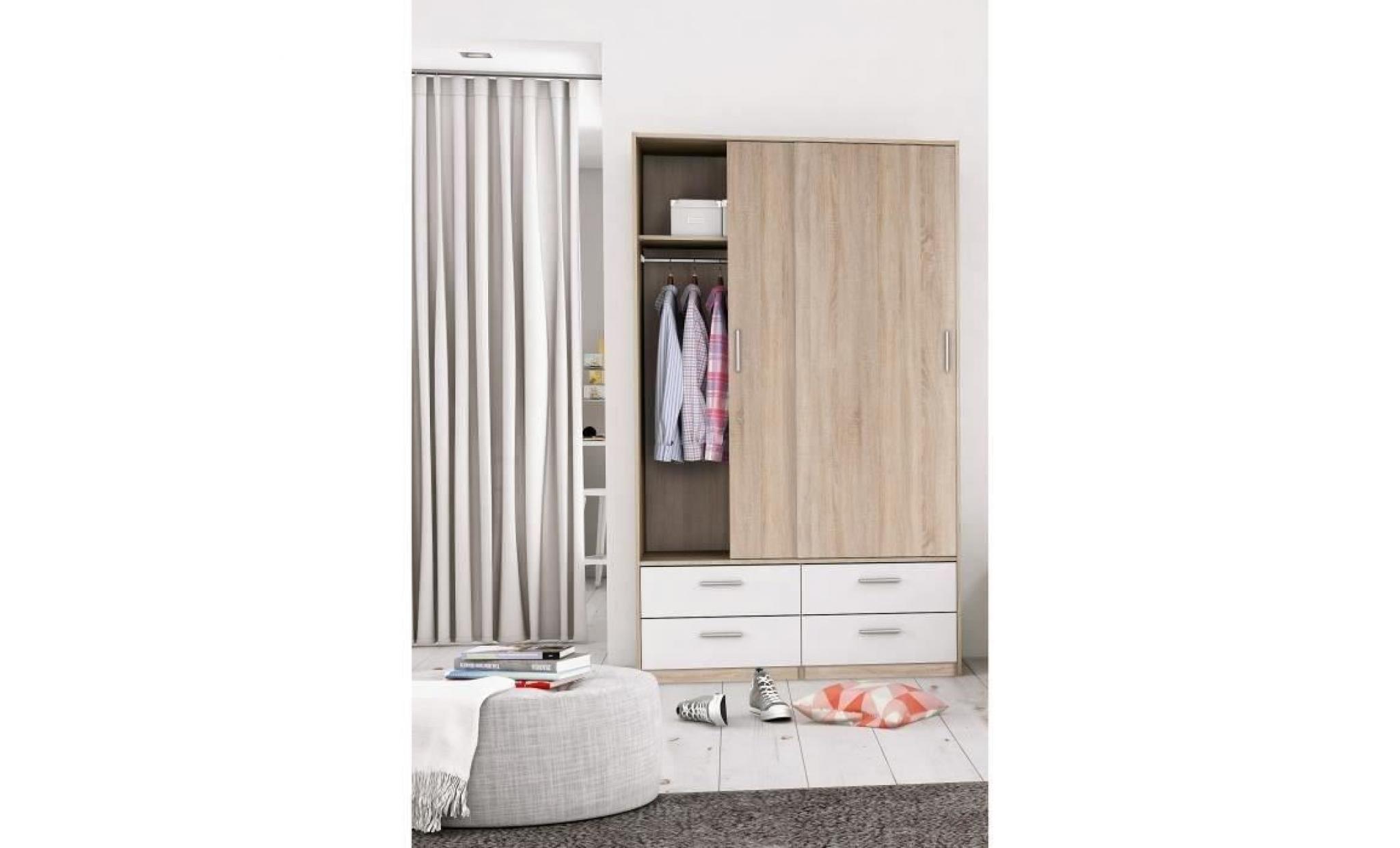 detroit armoire de chambre contemporain décor chêne brossé et blanc perle   l 119,7 cm pas cher