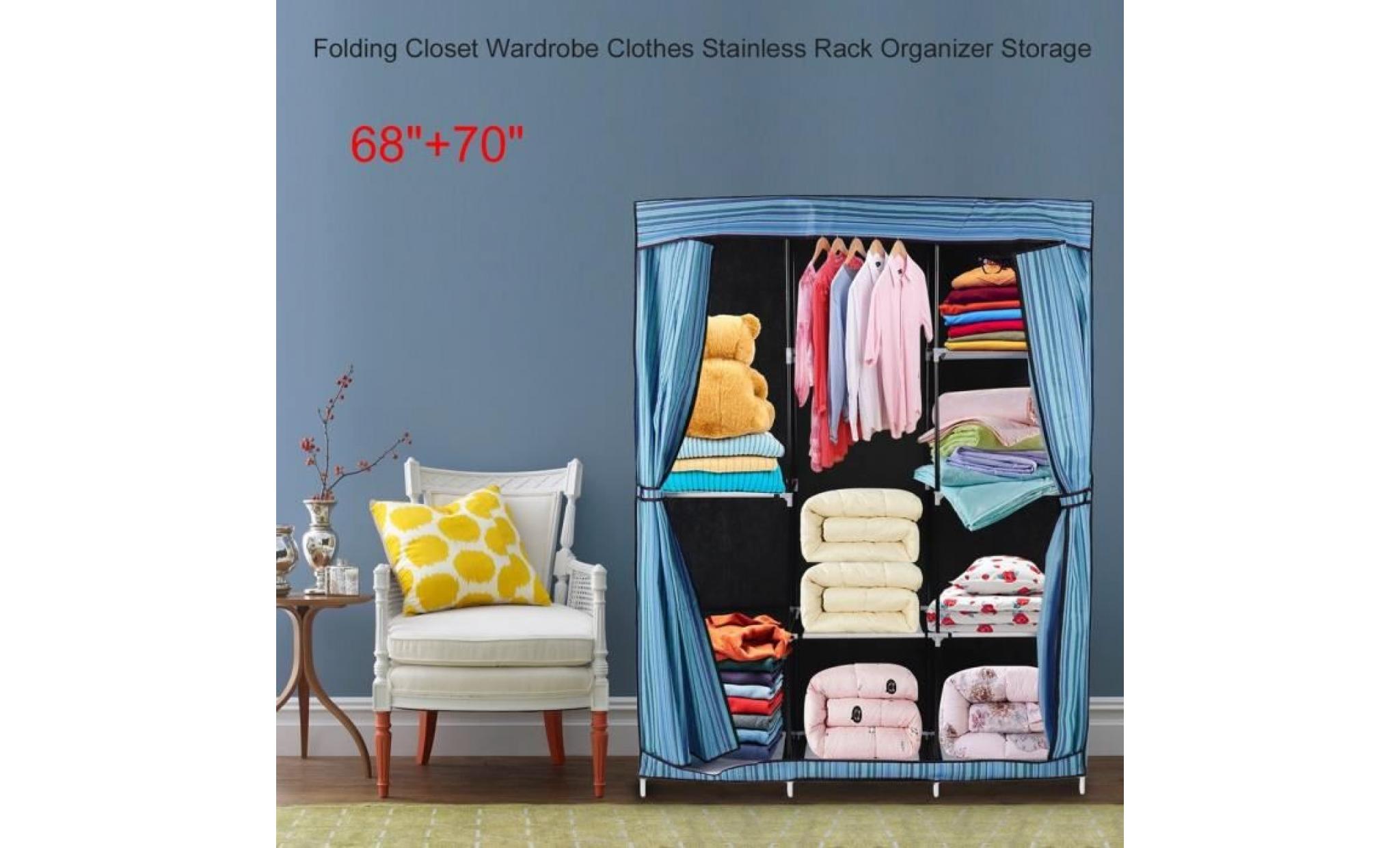 armoire de chambre penderie avec tige   8 compartements de rangement vêtements   bleu
