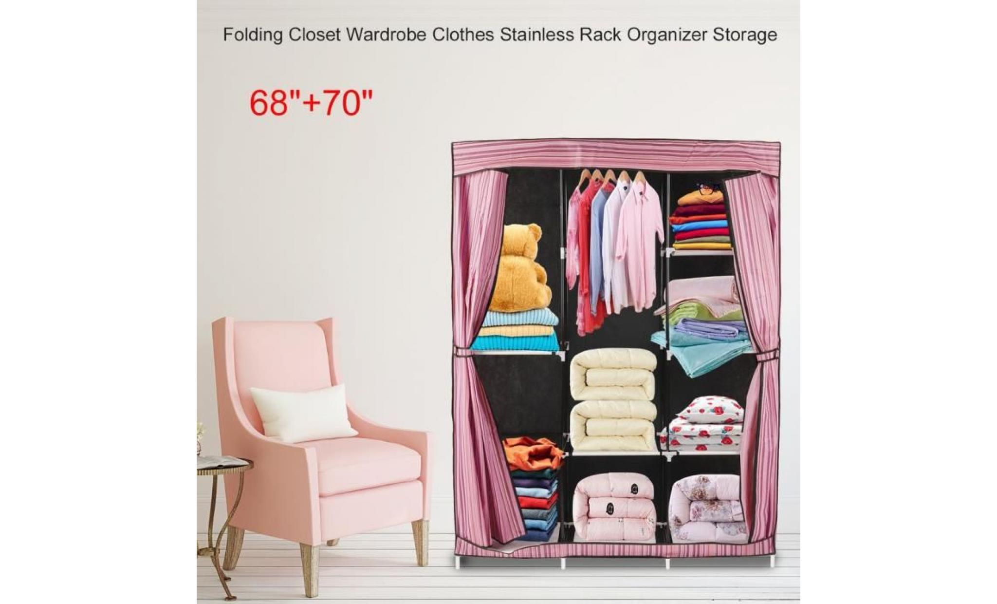 armoire de chambre penderie avec tige   8 compartements de rangement vêtements   rose