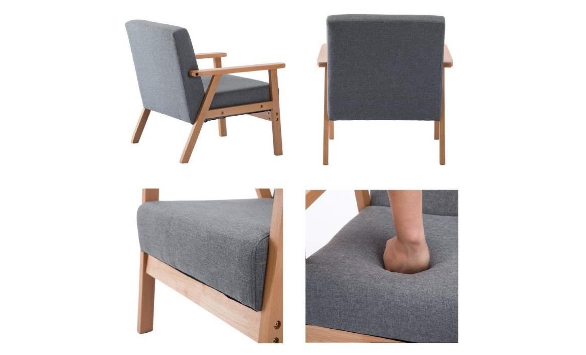 dora canapé unique fauteuil salle à manger chaise rétro bois et tissu clair    gris pas cher