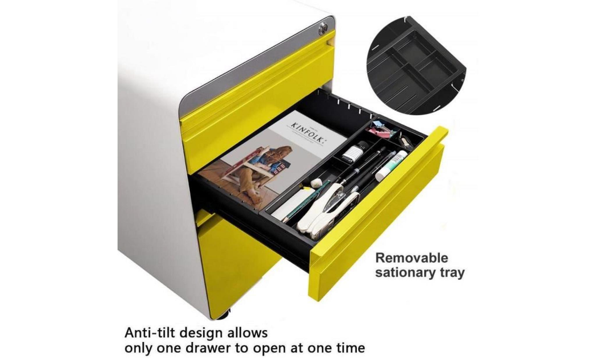 dripex caisson de bureau à roulette jaune 3 tiroirs,caisson de rangement meuble, armoire de bureau verrouillable classeur, en métal pas cher