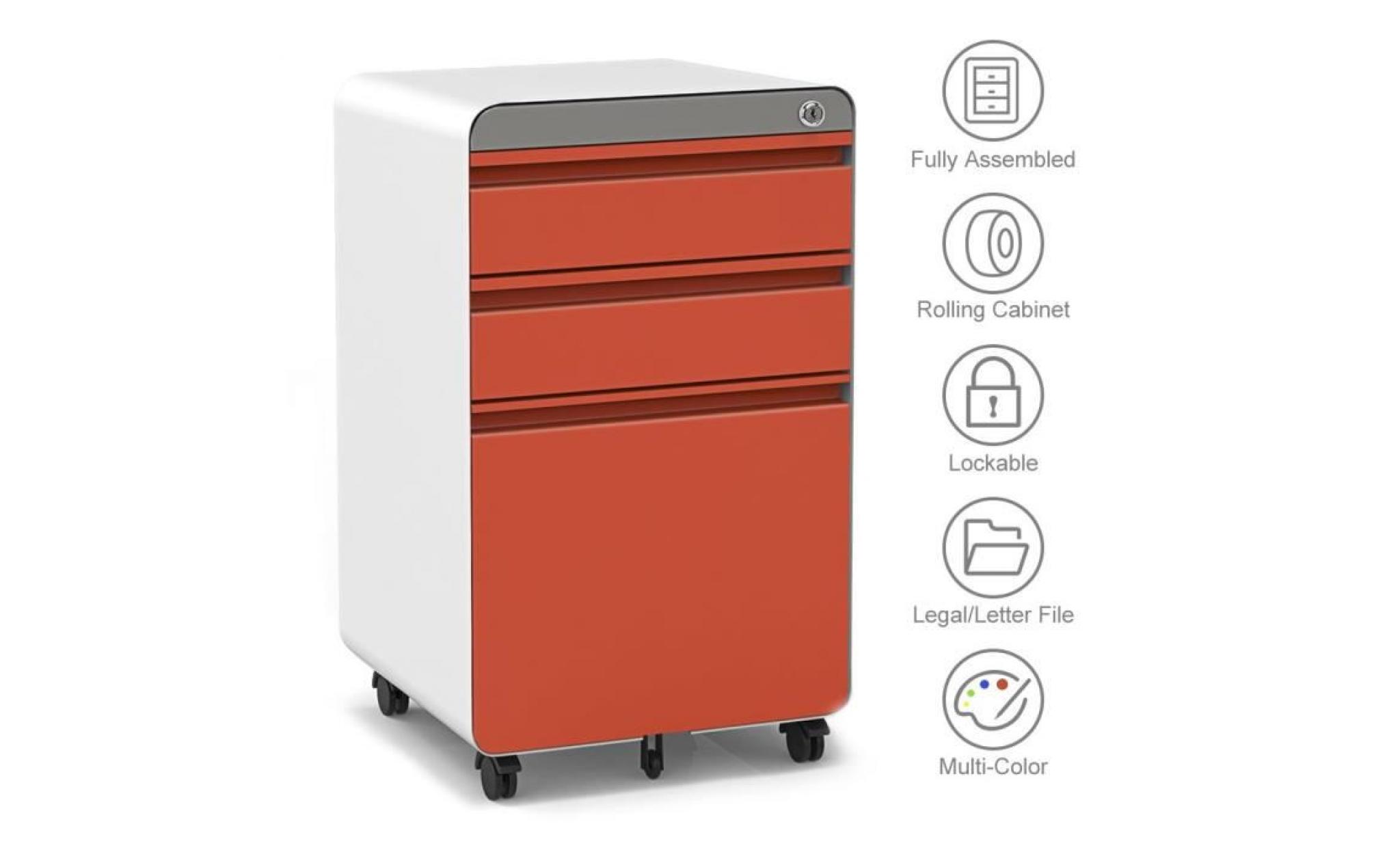 dripex caisson de bureau à roulette orange 3 tiroirs,caisson de rangement meuble, armoire de bureau verrouillable classeur, en