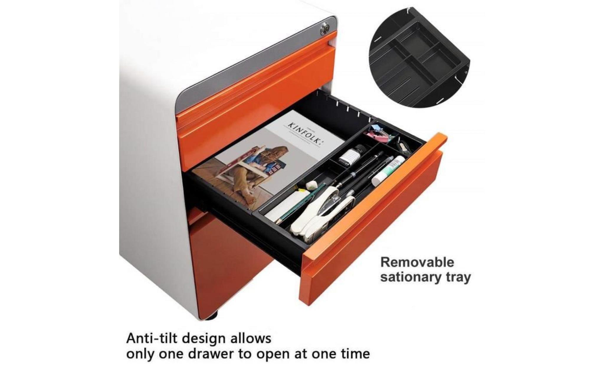 dripex caisson de bureau à roulette orange 3 tiroirs,caisson de rangement meuble, armoire de bureau verrouillable classeur, en pas cher