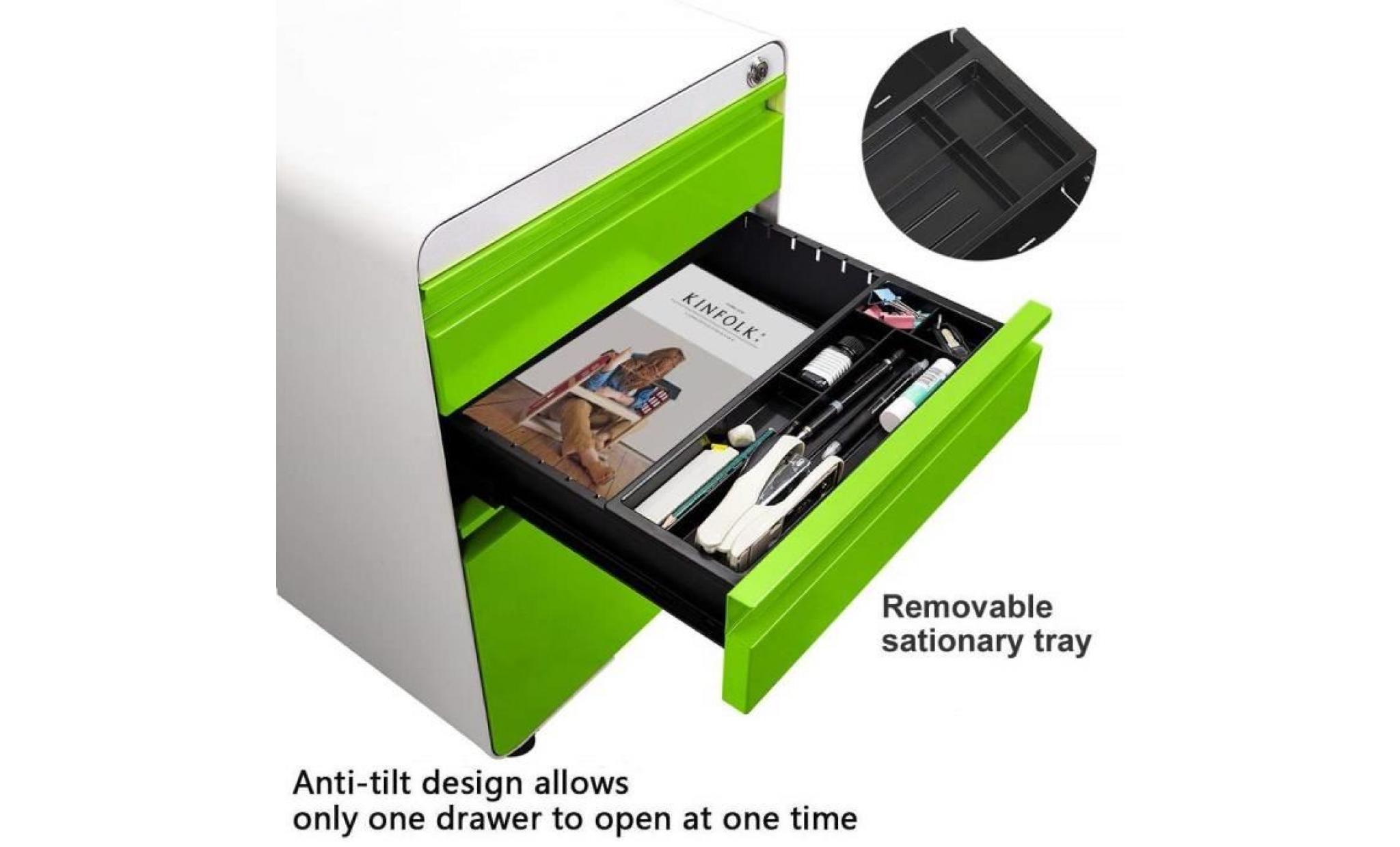 dripex caisson de bureau à roulette vert 3 tiroirs,caisson de rangement meuble, armoire de bureau verrouillable classeur, en métal pas cher