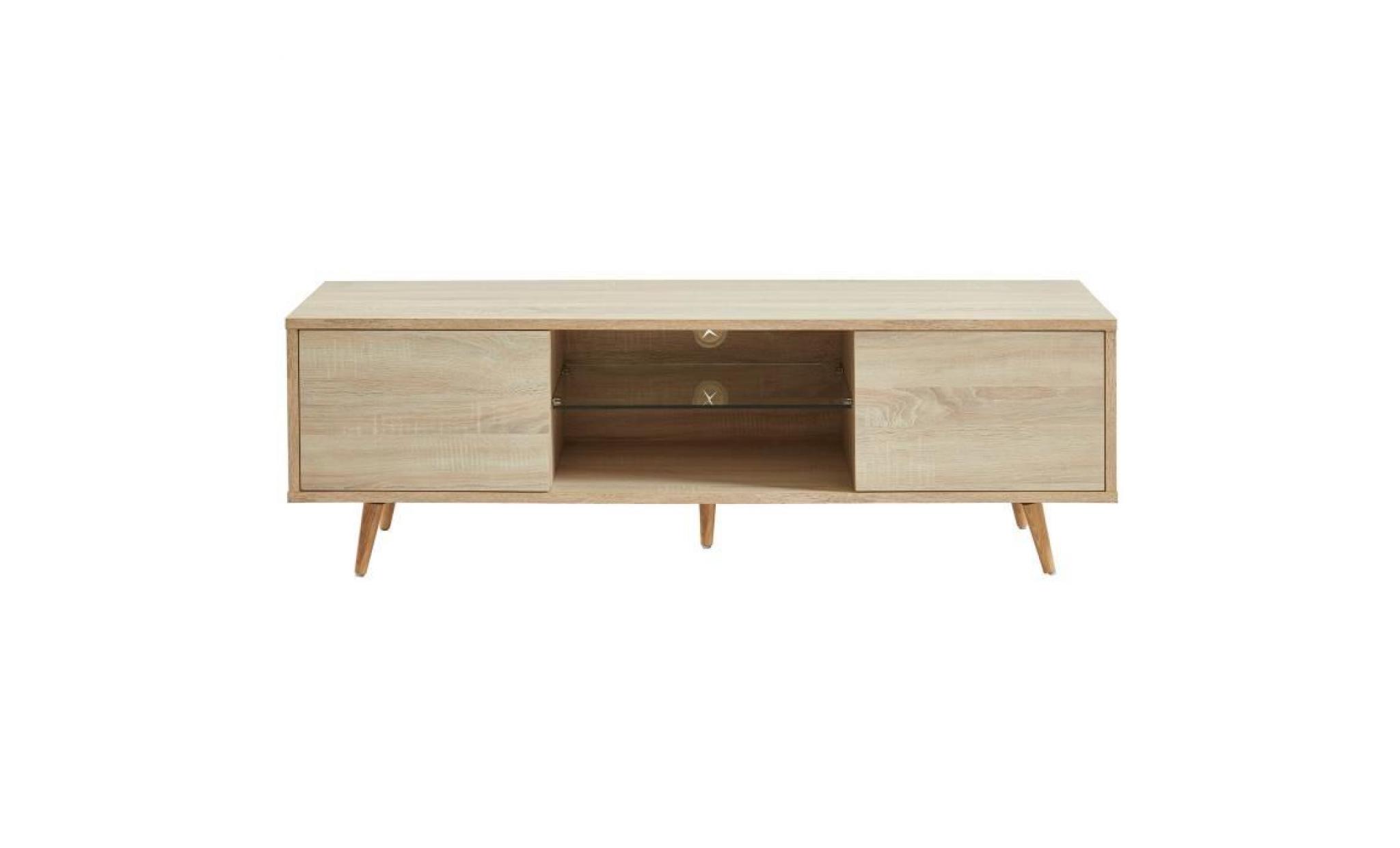 eclat meuble tv à led scandinave décor bois avec pieds en bois chêne massif   l 140 cm pas cher