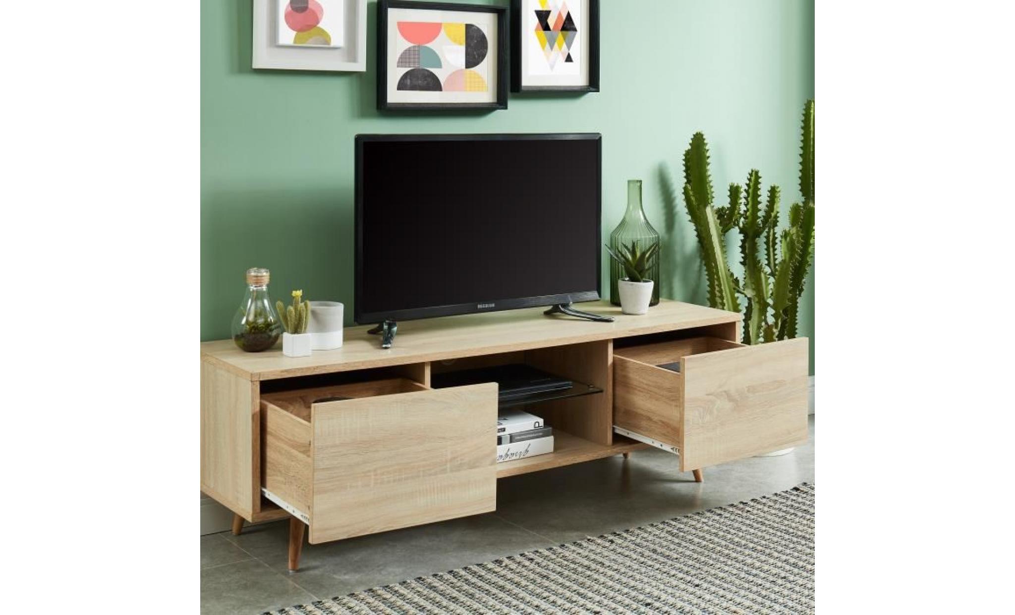 eclat meuble tv à led scandinave décor bois avec pieds en bois chêne massif   l 140 cm pas cher