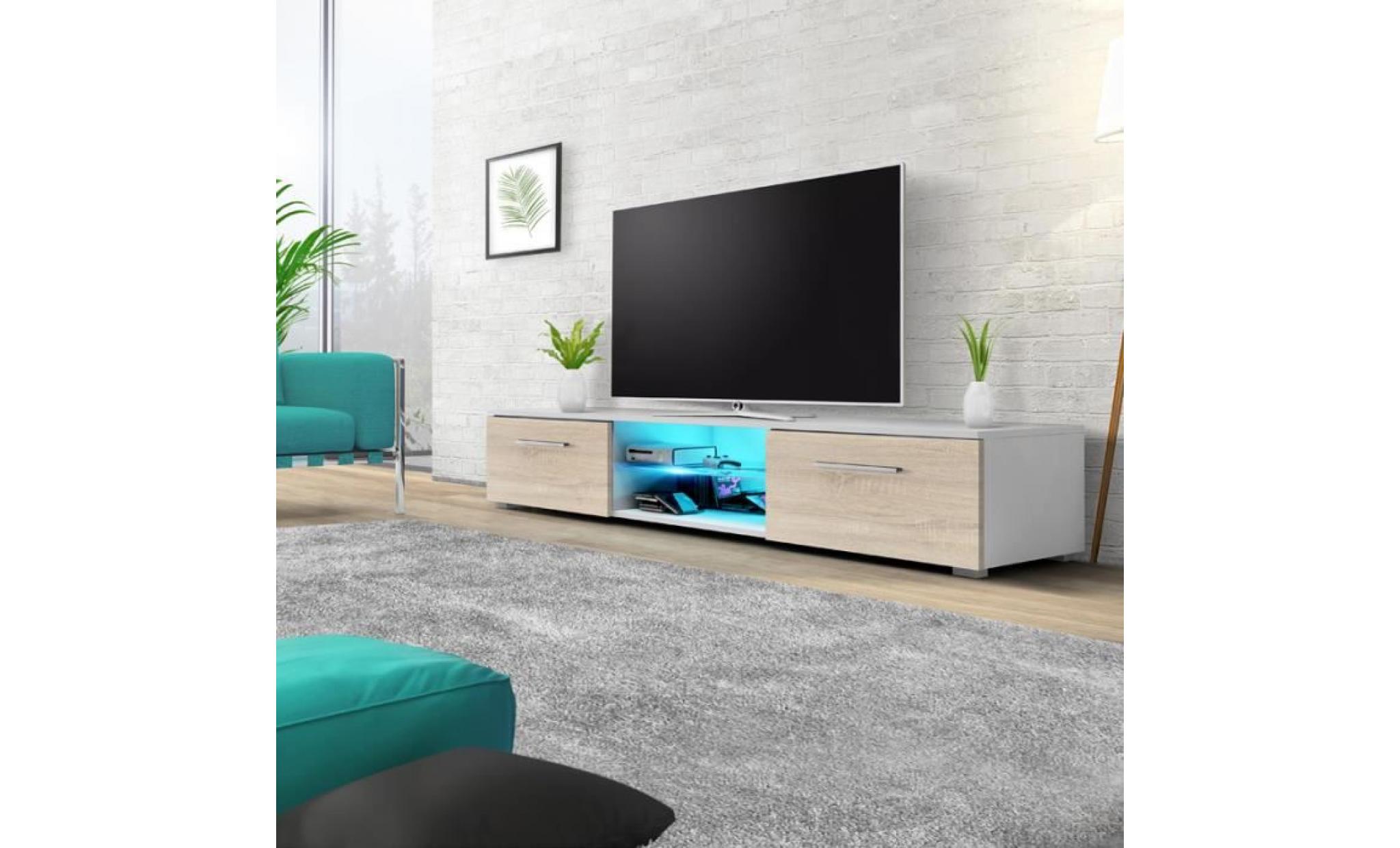 meuble tv / meuble salon   edith   140 cm   blanc mat / effet chêne   avec led bleue   style minimaliste   style moderne