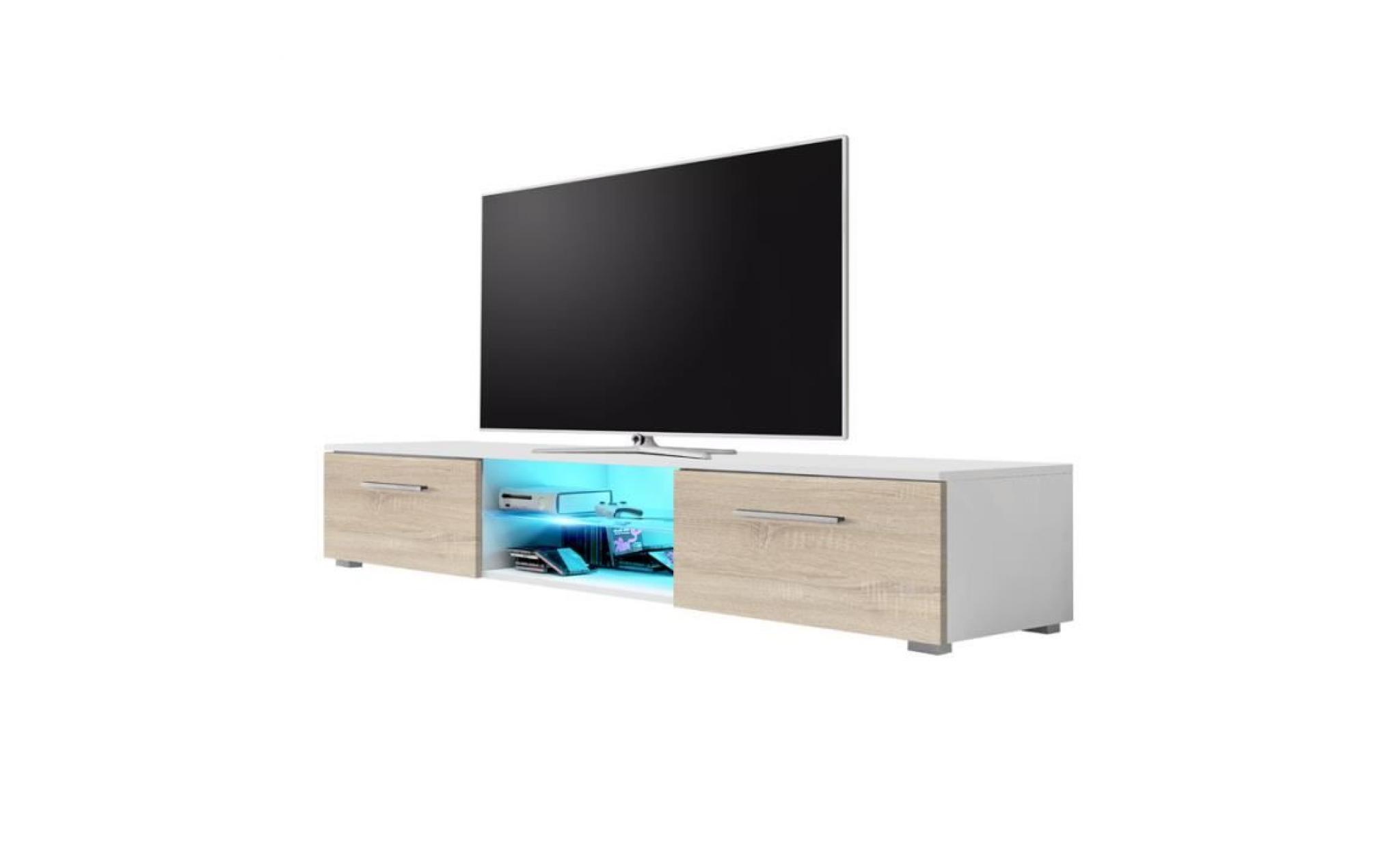 meuble tv / meuble salon   edith   140 cm   blanc mat / effet chêne   avec led bleue   style minimaliste   style moderne pas cher