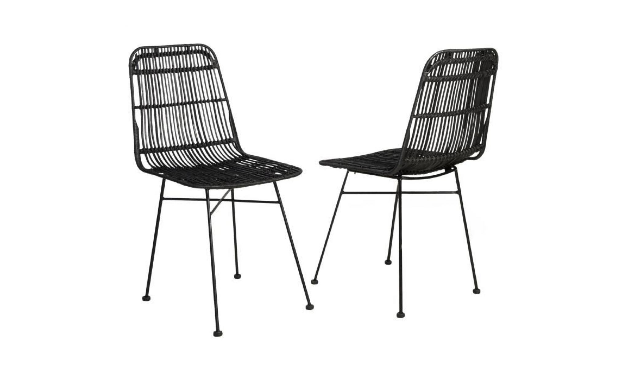 elia lot de 2 chaises en rotin noir   pieds en métal   ethnique   l 44 x p 40 cm