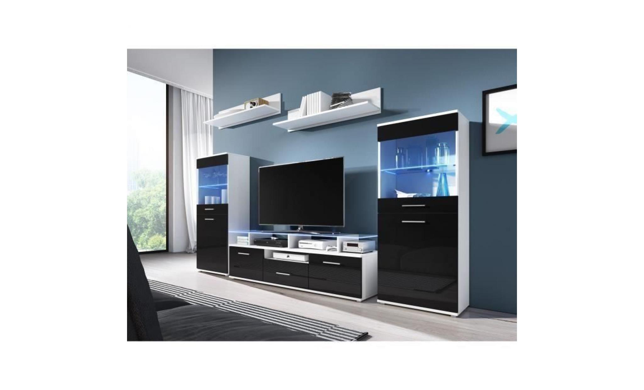 elio meuble tv led contemporain blanc et noir brillant + plateau en verre   l 252 cm