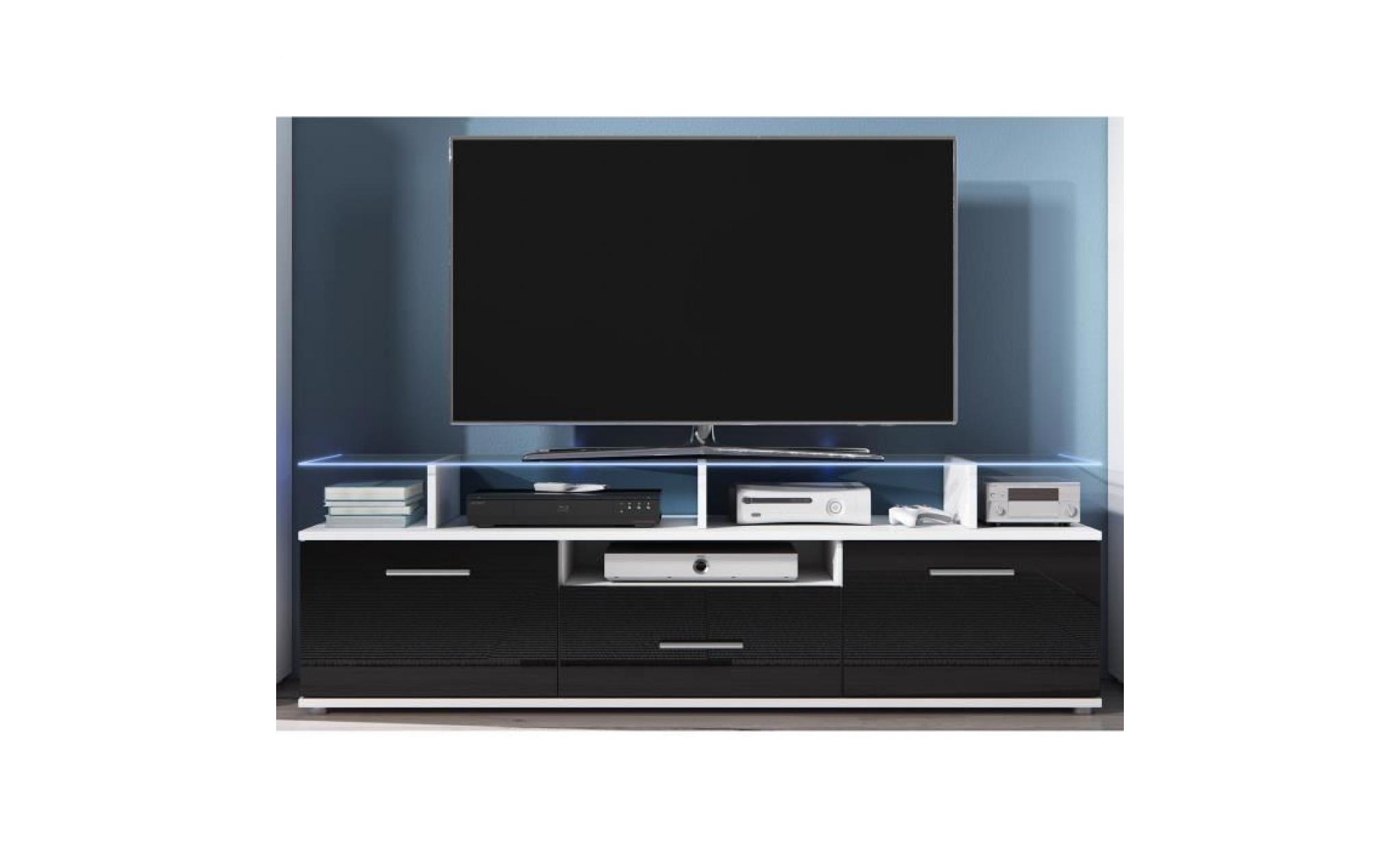elio meuble tv led contemporain blanc et noir brillant + plateau en verre   l 252 cm pas cher