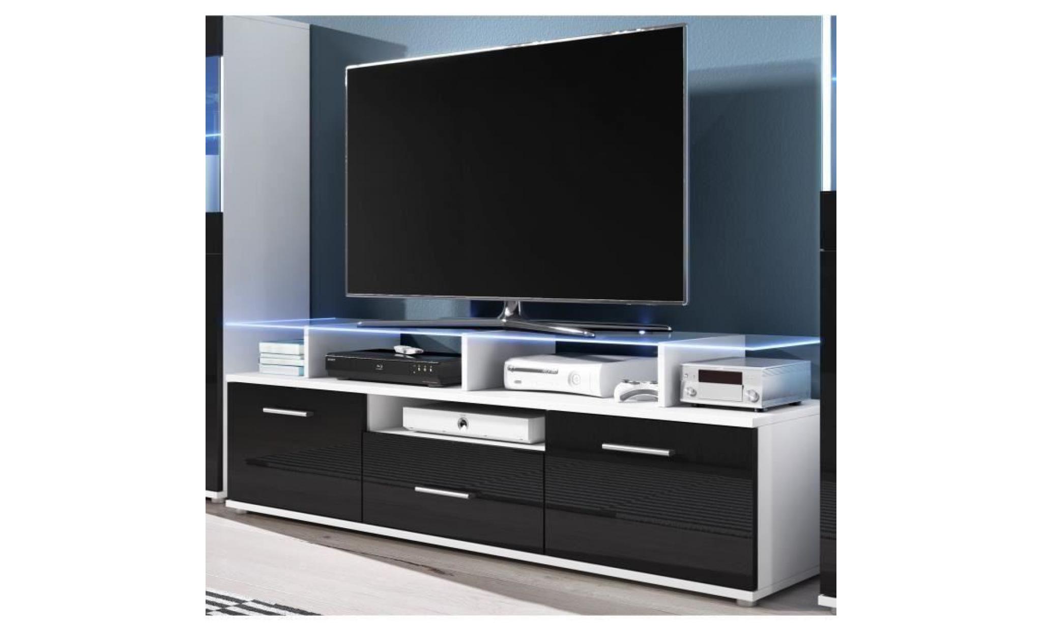 elio meuble tv led contemporain blanc et noir brillant + plateau en verre   l 252 cm pas cher