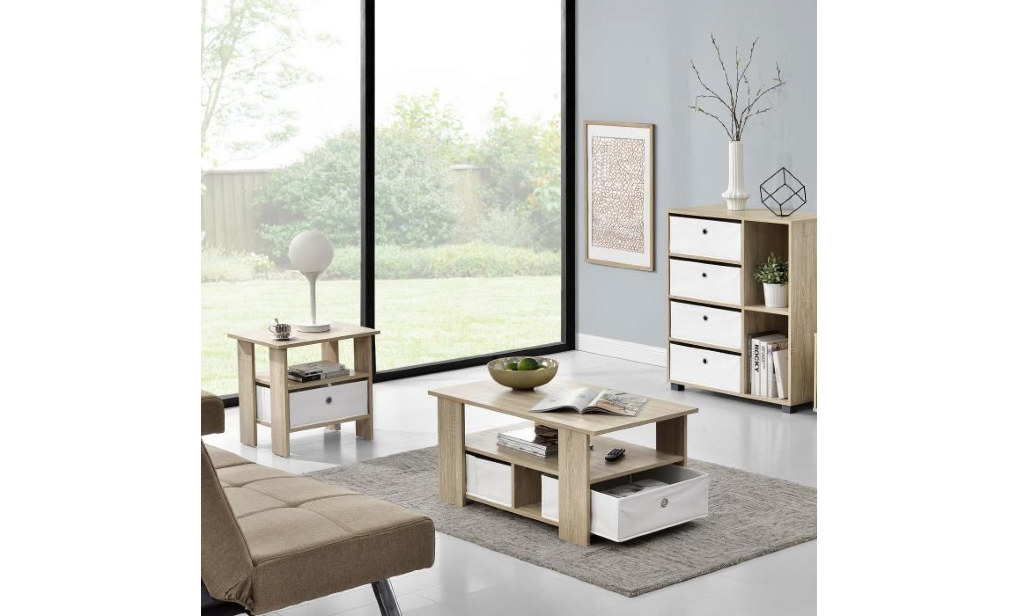 en.casa table de salon (90 x 50 x 41 cm) en plaqué (chêne) boîtes de rangement (blanc   façon lin) avec étagère et boîtes de rang... pas cher