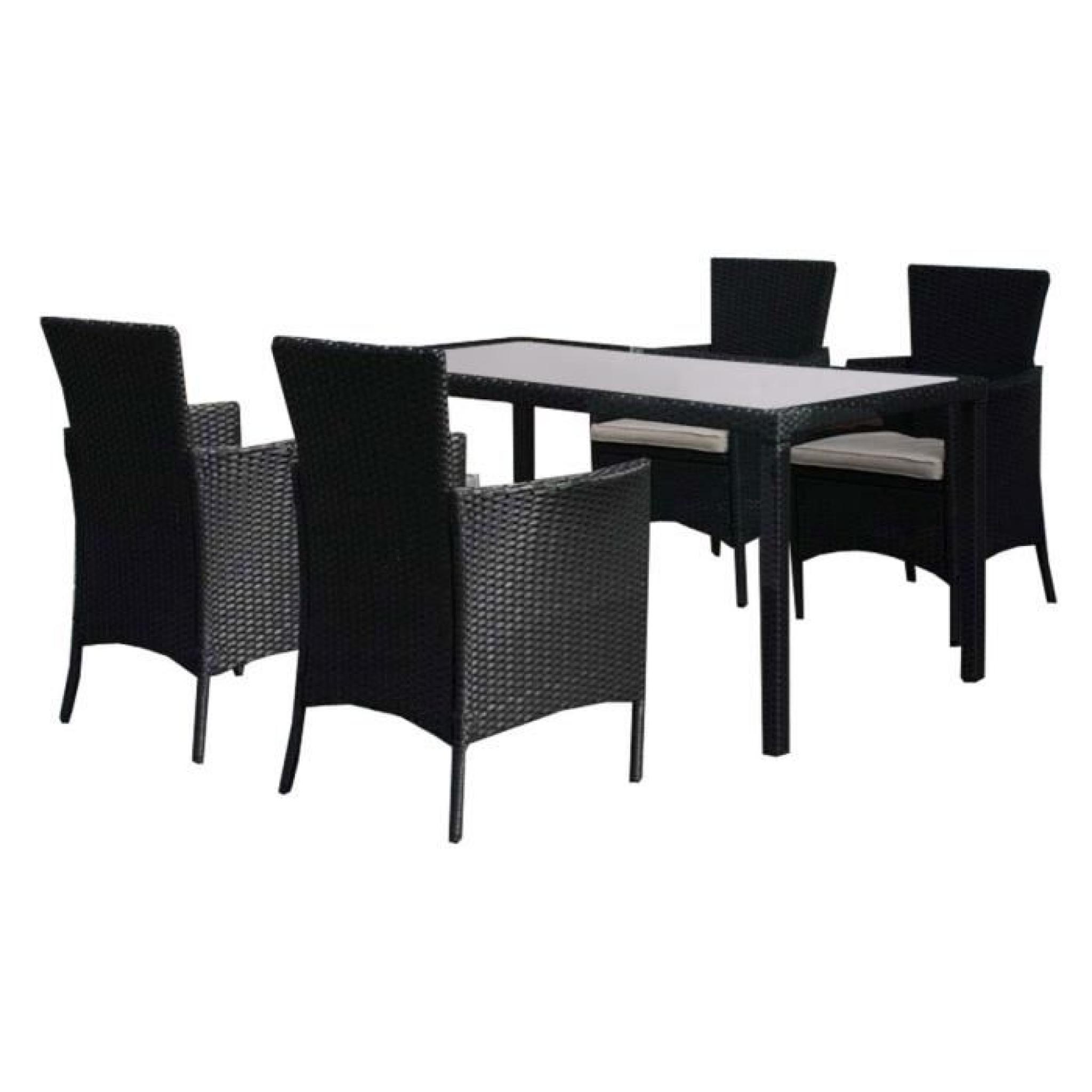 Ensemble de 4 chaises et table de jardin en polyrotin avec coussin et plateau en verre