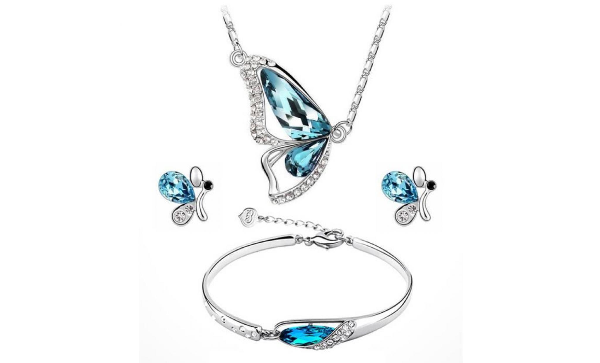 ensemble de bijoux fantaisie papillon avec strass pour femme + boucles d'oreilles + bracelet bleu