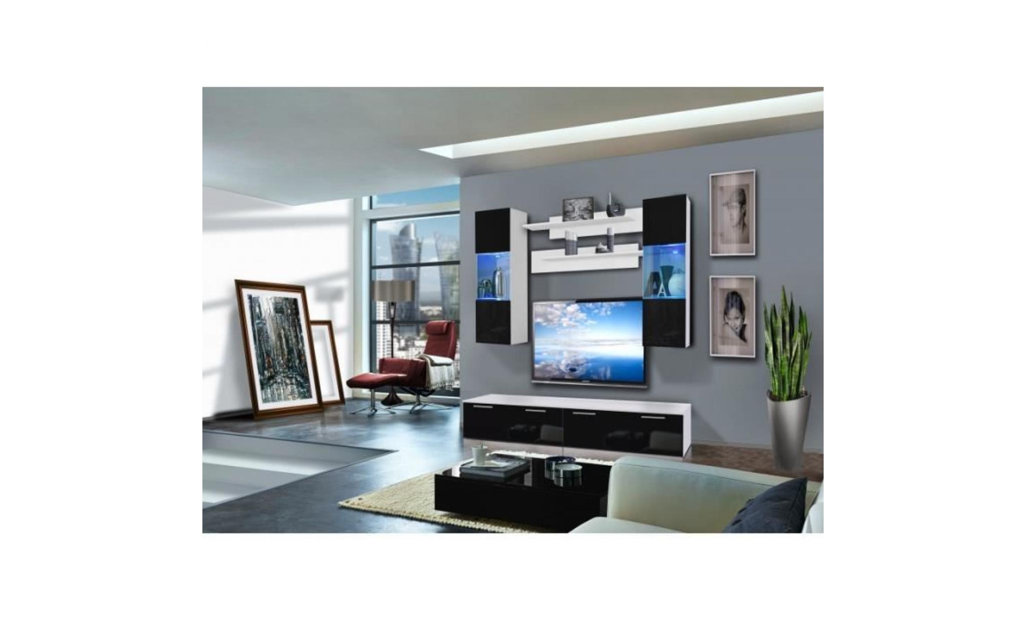 ensemble meuble tv murale   ledge i   2 vitrines led   blanc et noir   modèle 2