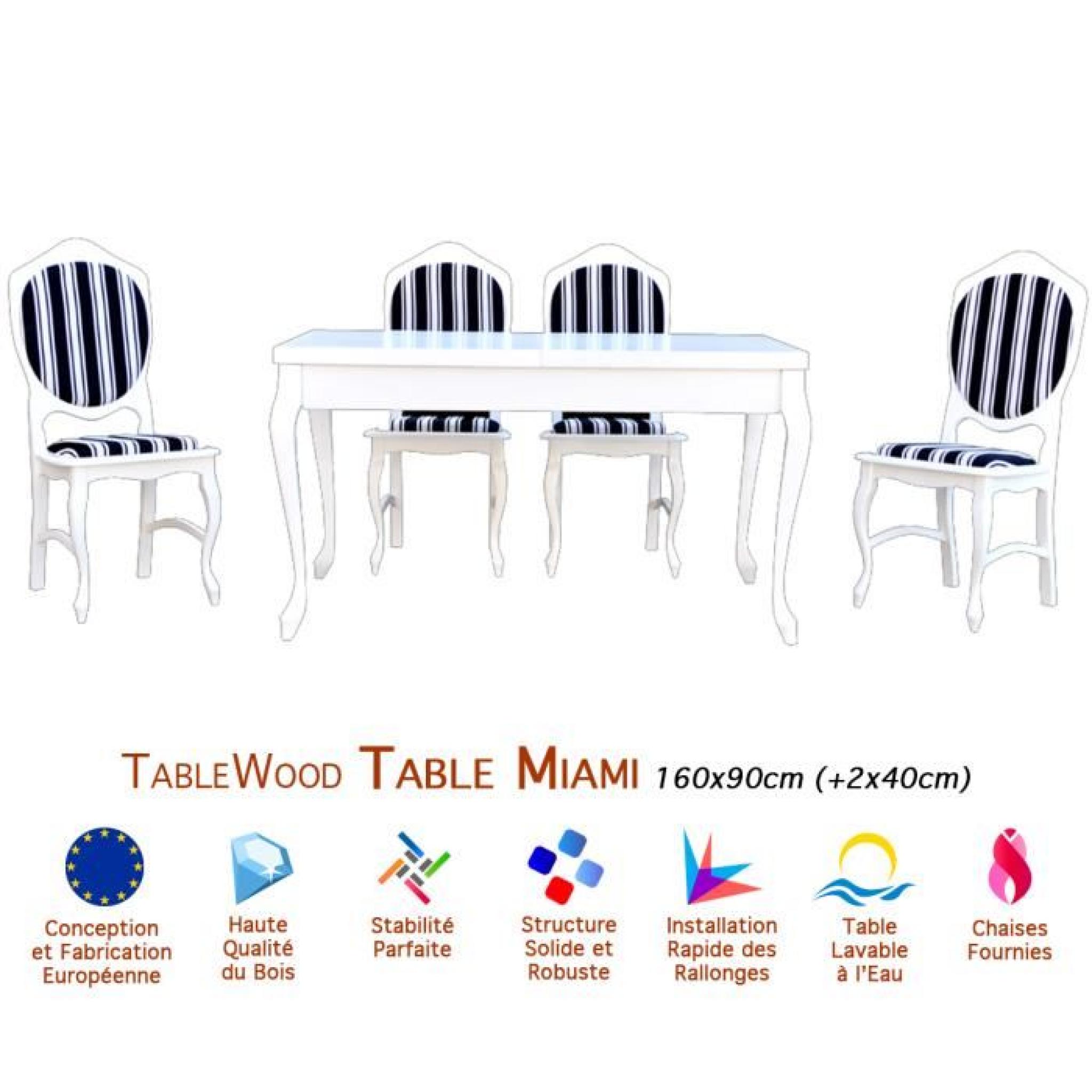 Ensemble Table extensible et 4 Chaises Tablewood Miami 140x90+40 cm