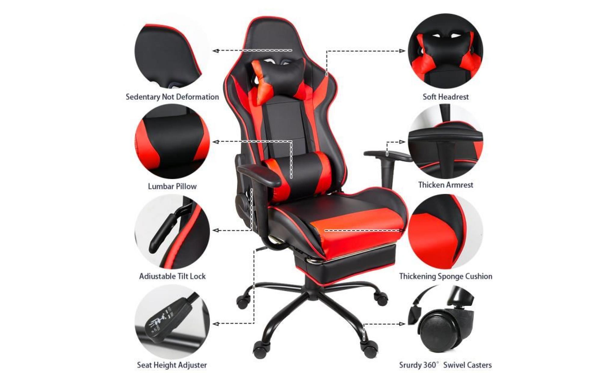 ergonomique chaise gamer fauteuil de bureau racing sport avec repose pied gris