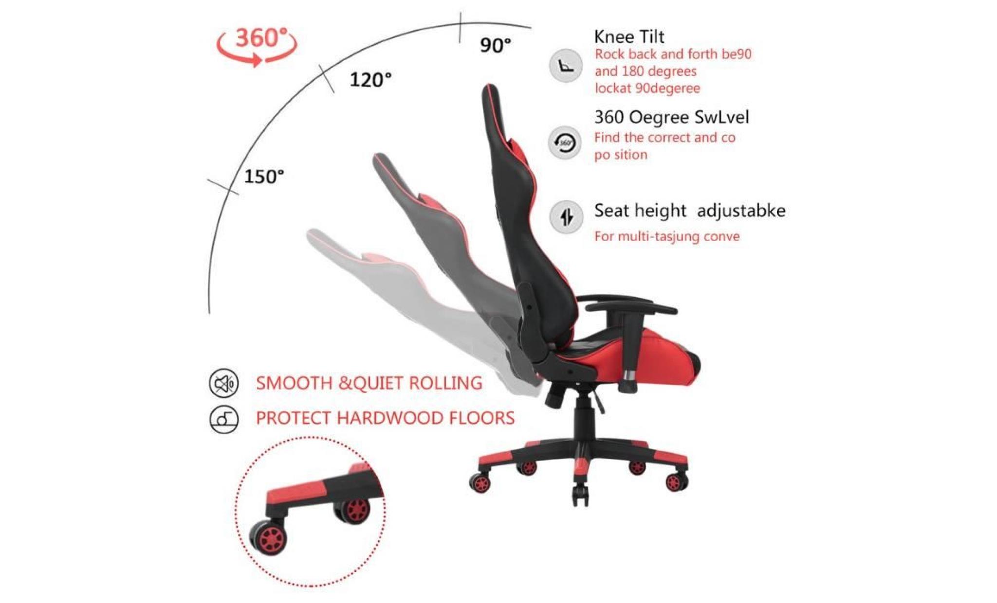 ergonomique fauteuil gamer chaise de jeu chaise racing avec le repose pied hauteur réglable noir et blanc pas cher
