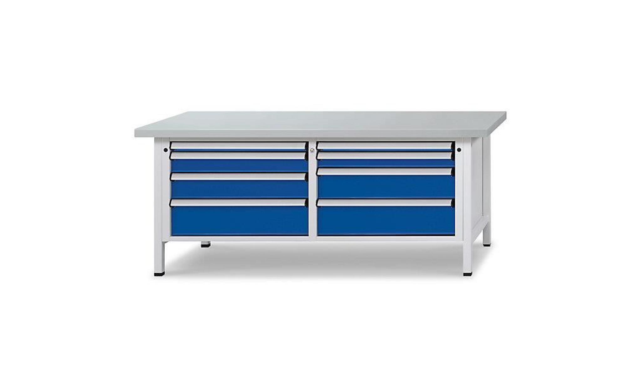 etabli avec tiroirs de format xl/xxl   largeur 2000 mm, 8 tiroirs   plateau à revêtement en tôle d'acier, façade bleu   table