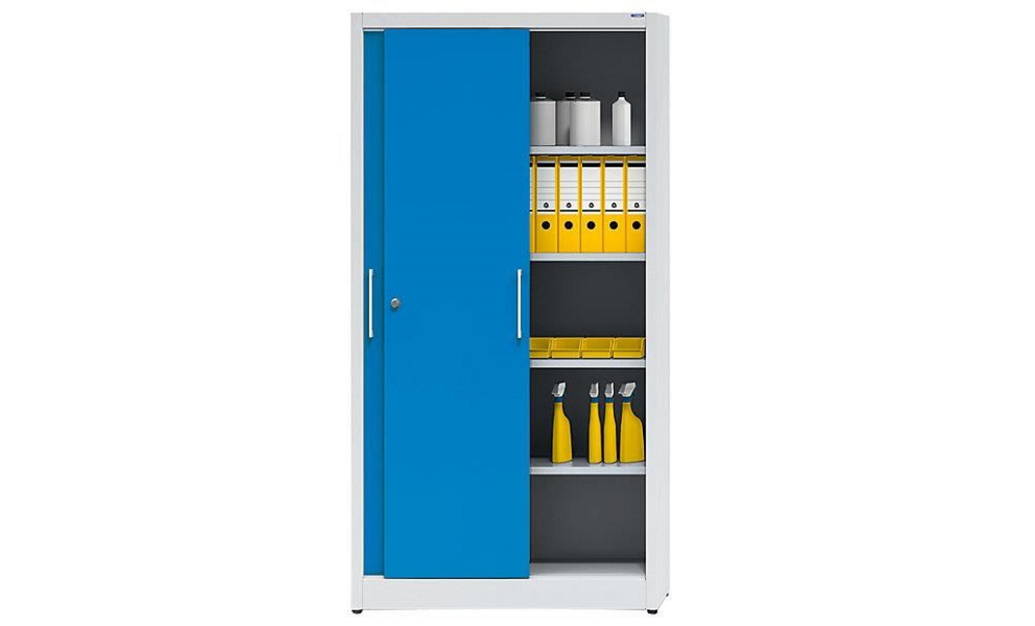 eurokraft armoire à portes coulissantes   avec 4 tablettes, h x l 1950 x 1000 mm   profondeur 500 mm, portes bleu clair   armoire
