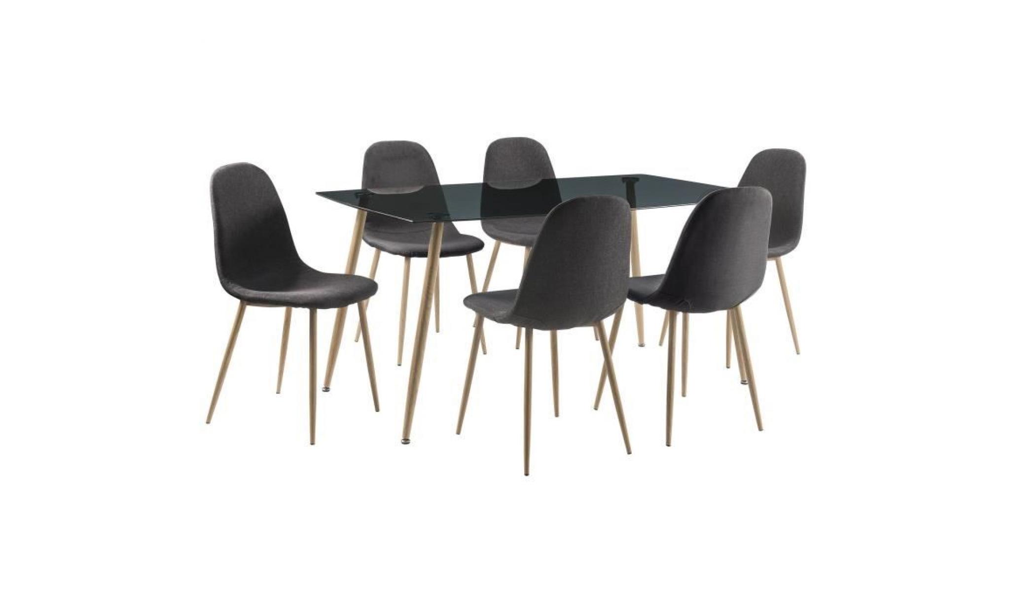 fabian ensemble table à manger 6 à 8 personnes style contemporain en verre fumé + 6 chaises tissu gris   l160 x l70 cm