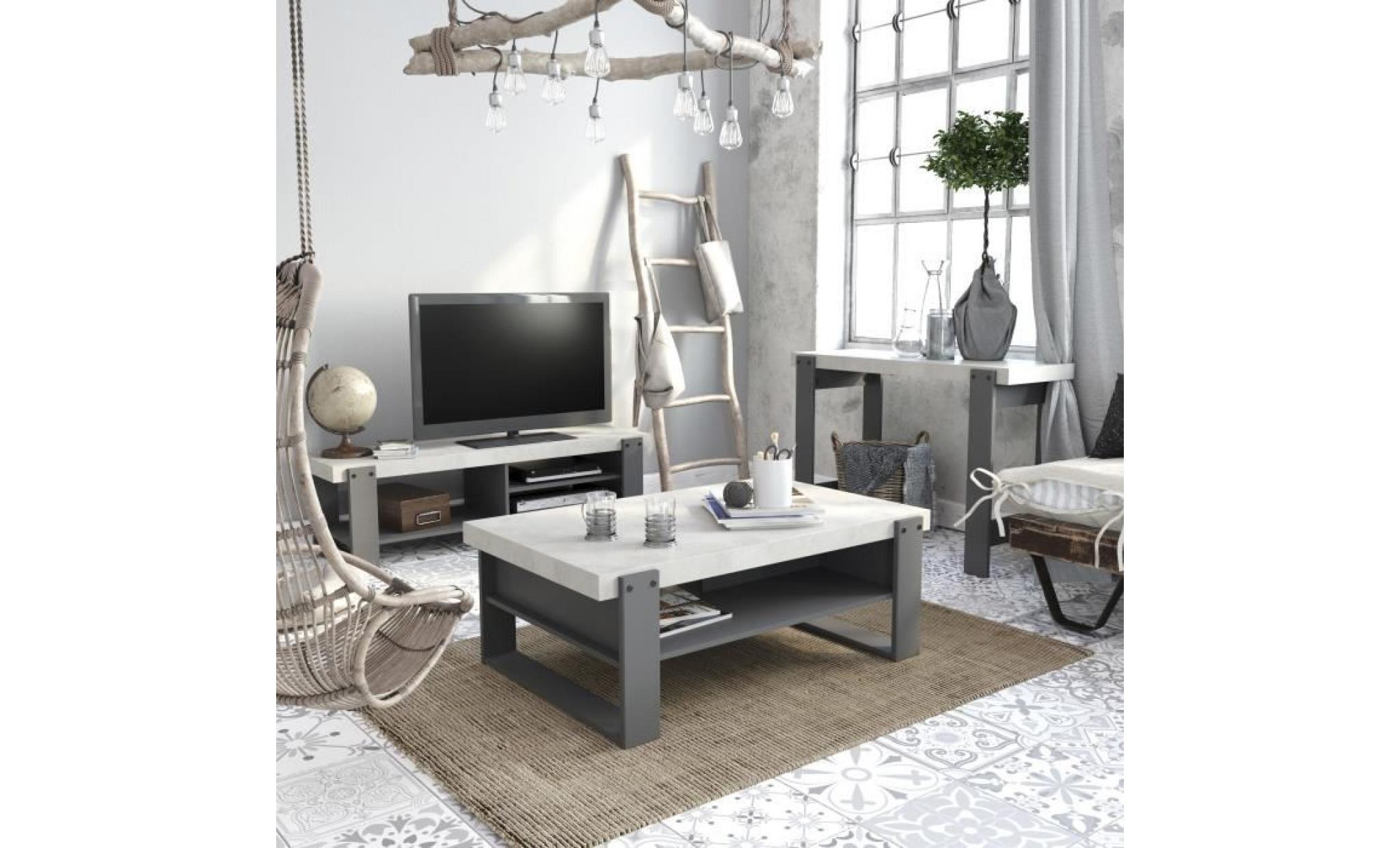 factory meuble tv bas industriel décor béton et gris ombre   l 138 cm pas cher