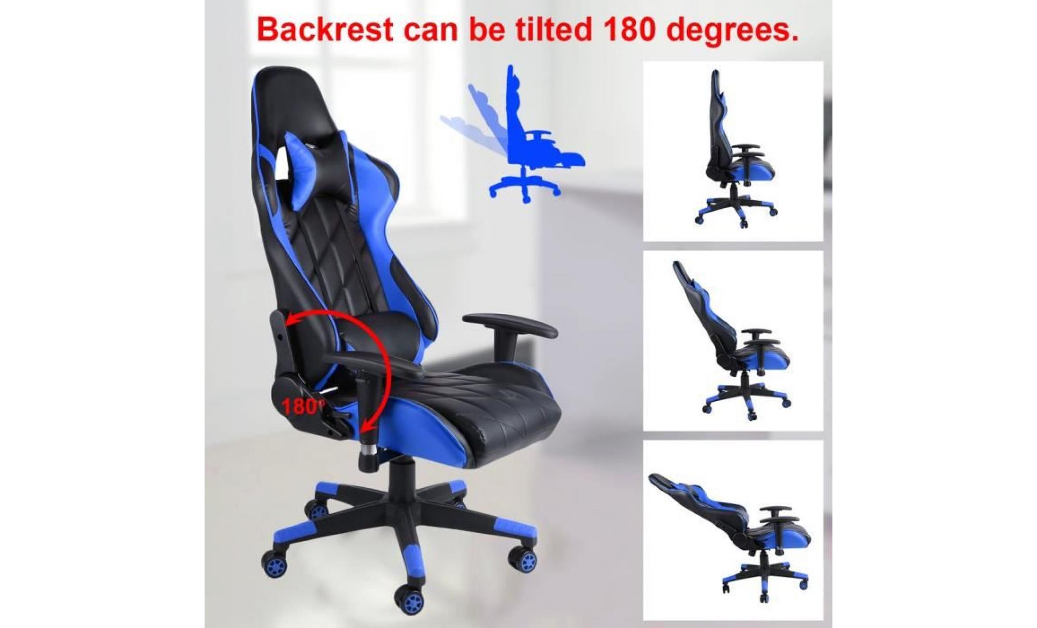 fauteuil avec appui tête gamer chaise de jeu  pivot à 135° hauteur réglable bleu bureau chambre