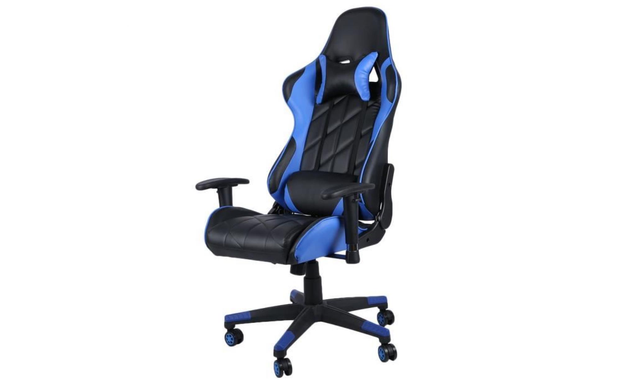 fauteuil avec appui tête gamer chaise de jeu  pivot à 135° hauteur réglable bleu bureau chambre pas cher