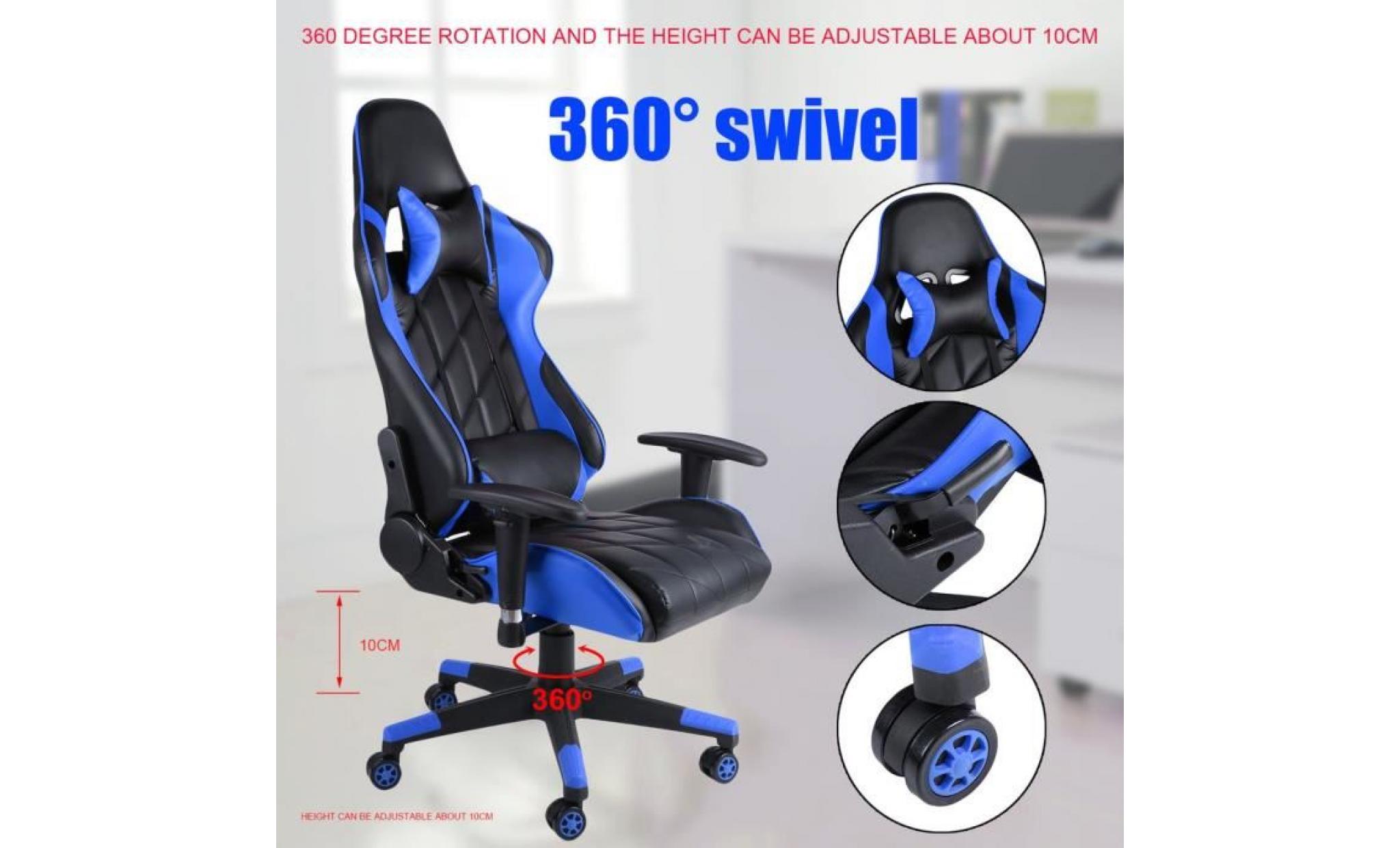 fauteuil avec appui tête gamer chaise de jeu  pivot à 135° hauteur réglable bleu bureau chambre pas cher