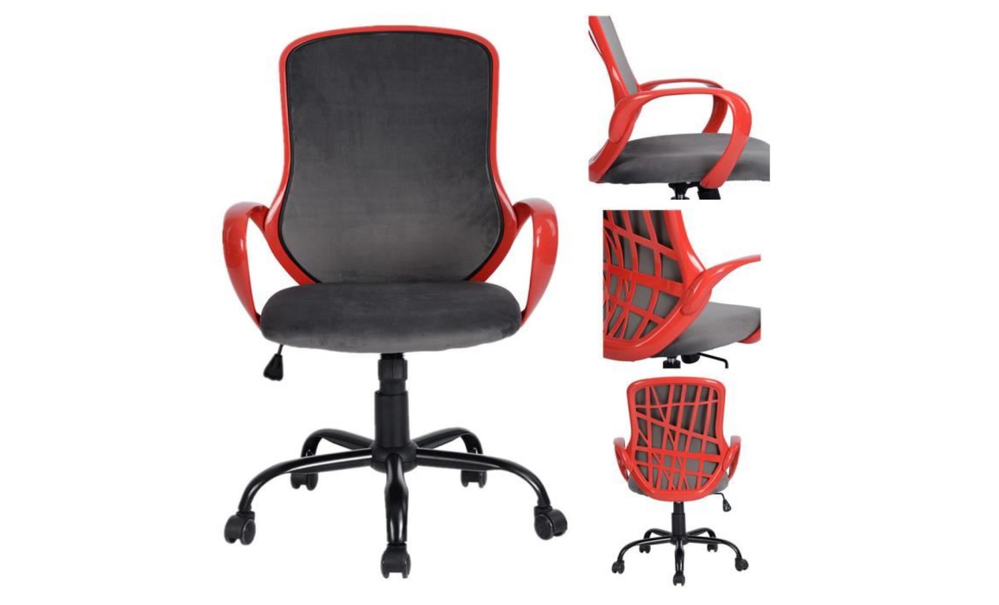 fauteuil chaise de bureau gris rouge réglable roulettes velours structure en plastique pp métal ajustable hauteur 64 x 63 x 95 105cm pas cher