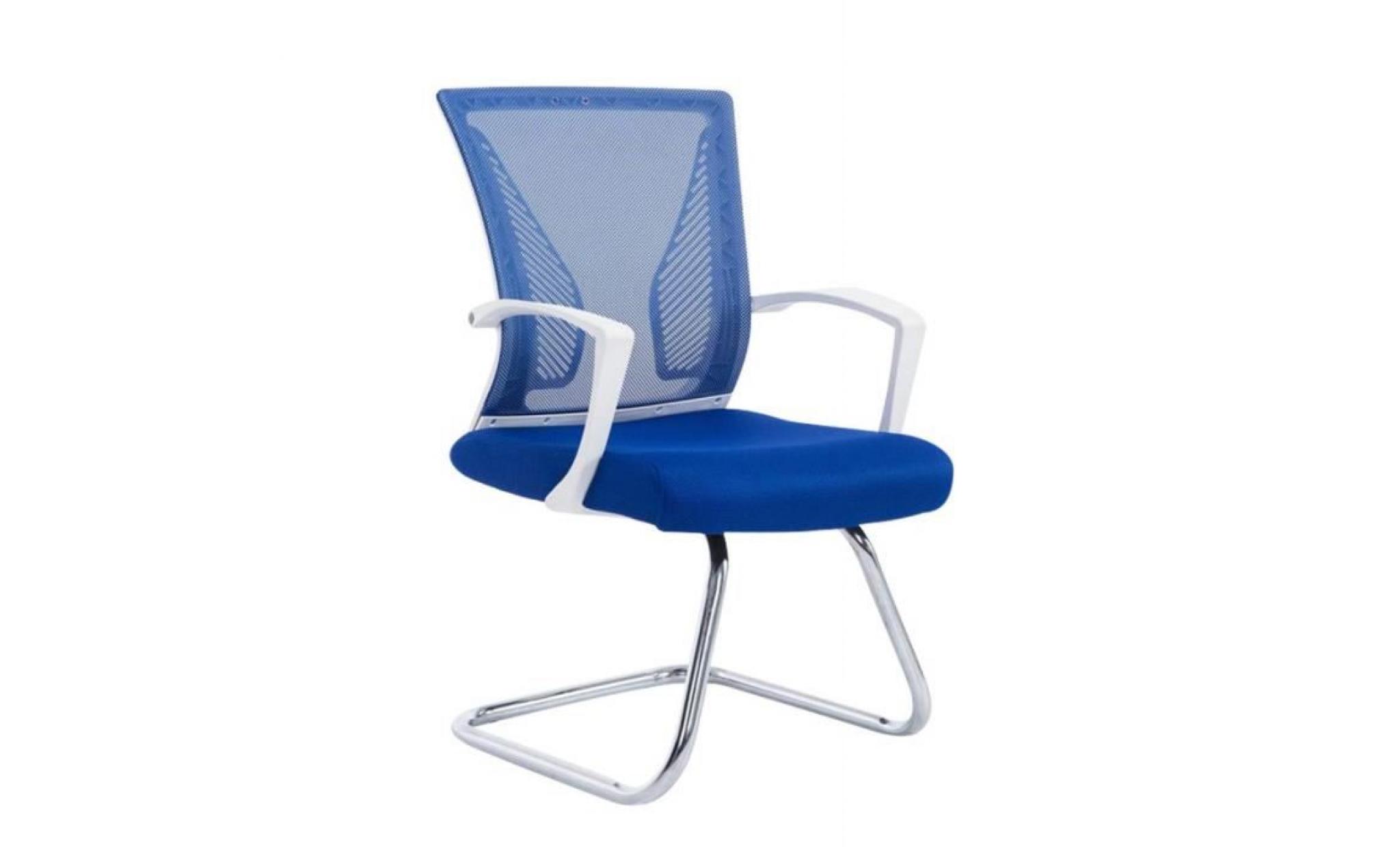 fauteuil chaise de bureau sans roulette bleu tissu et métal chromé bur10103