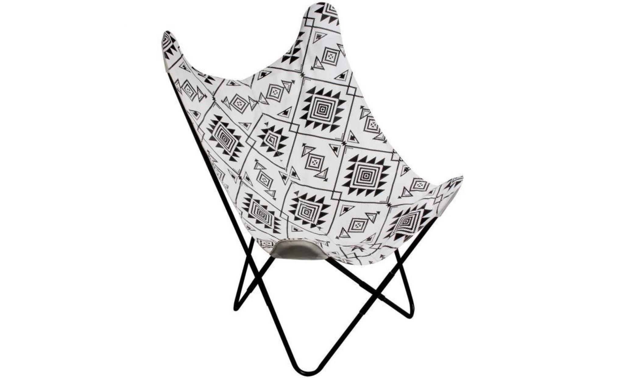 fauteuil chaise siège papillon en coton design ethnique noir et blanc .