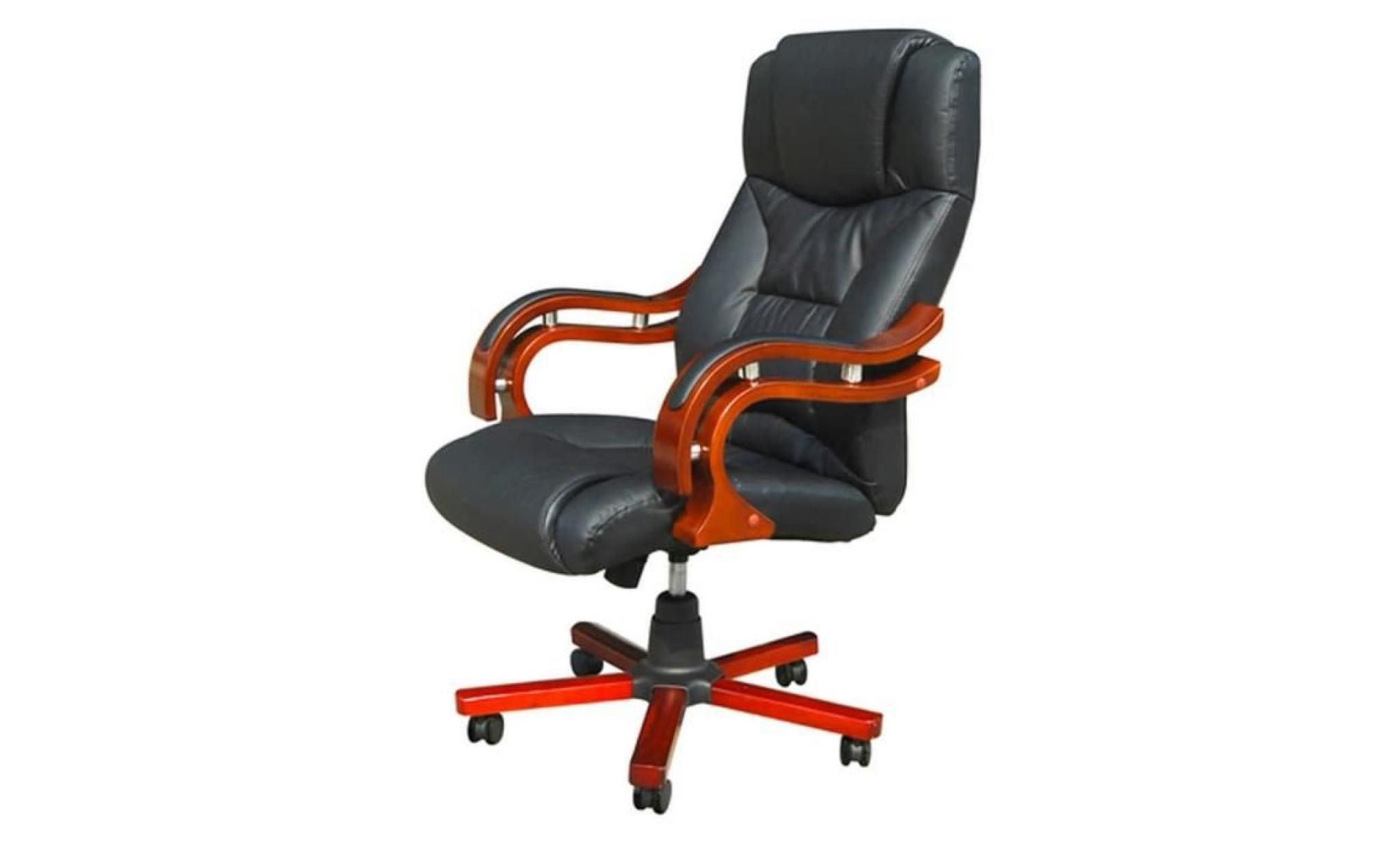 fauteuil de bureau chaise de bureau cuir mélangé noir et éléments bois pas cher