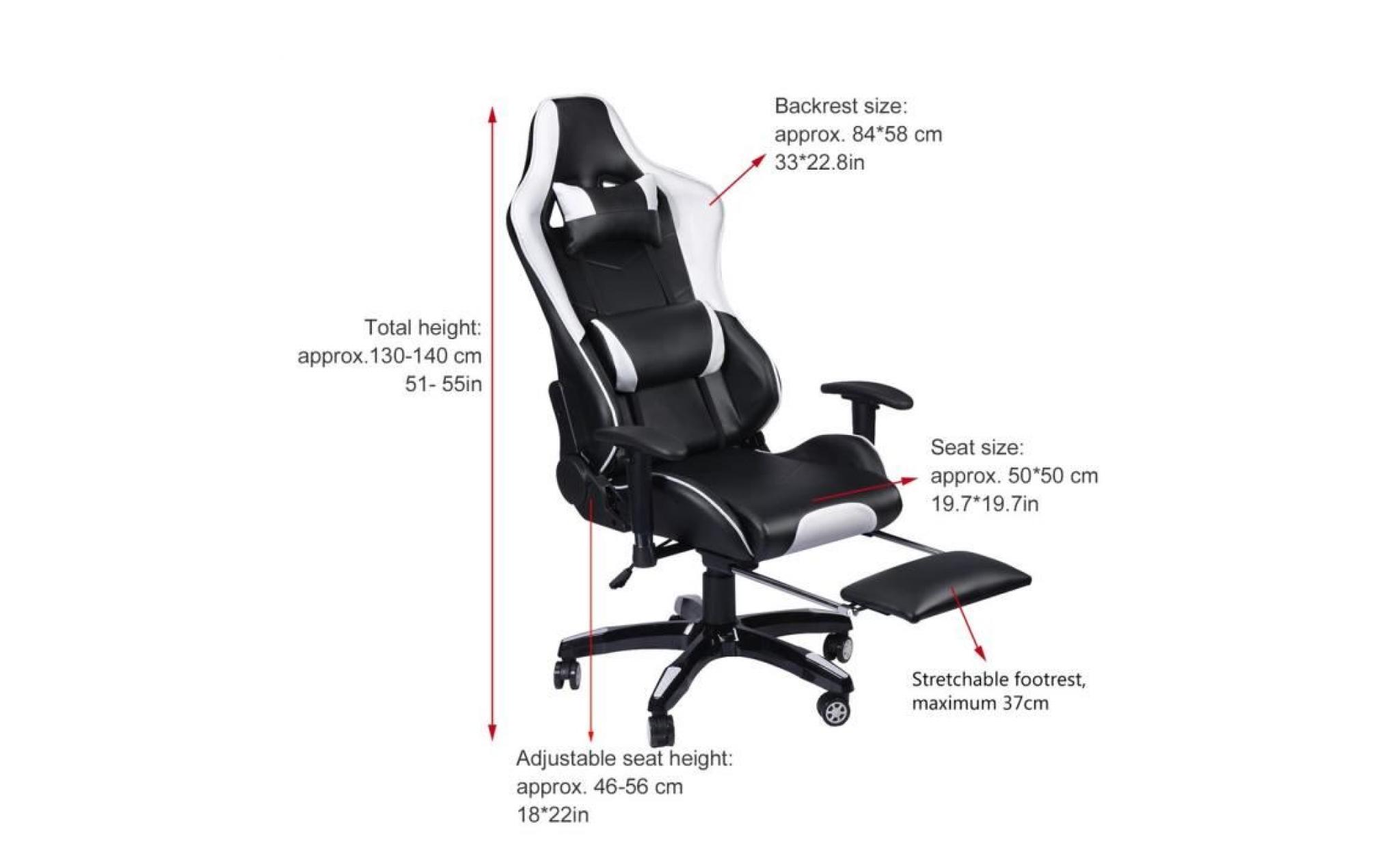 fauteuil de bureau gaming siège gaming dossier inclinable 135︒ avec appui tête coussin noir blanc pas cher